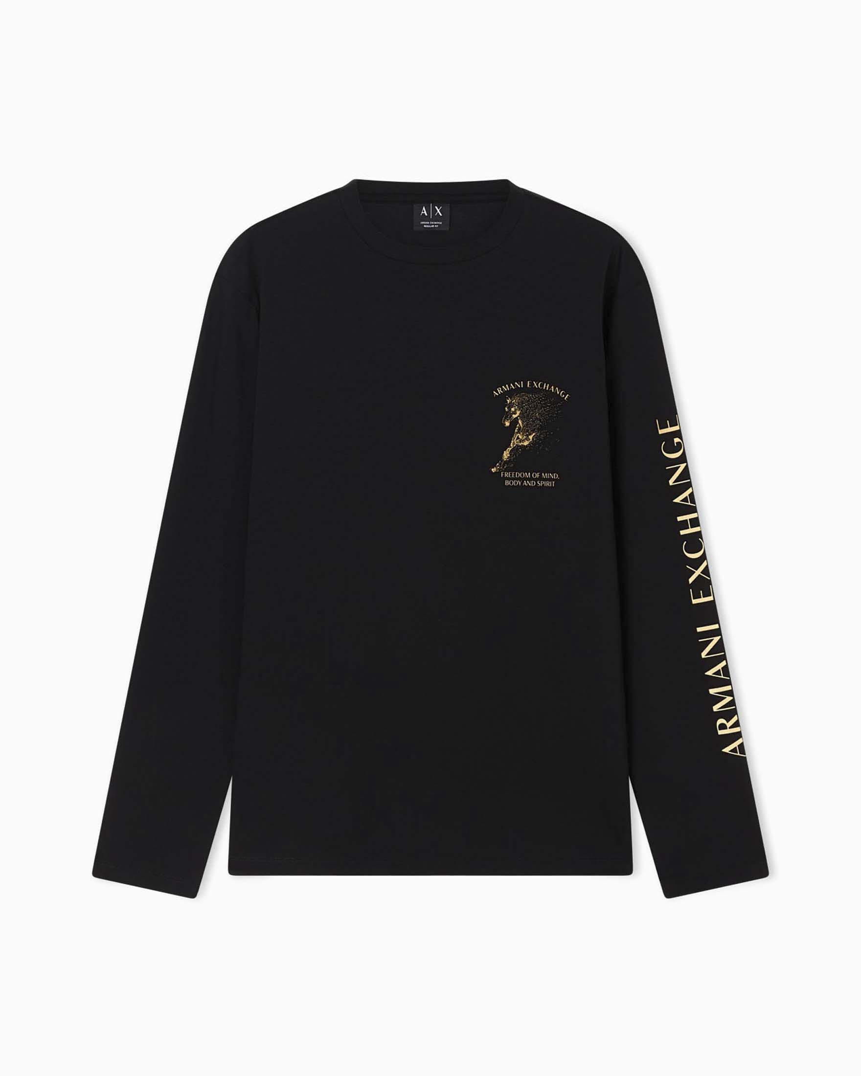 Felpa girocollo Armani Exchange nera in cotone elasticizzato con stampa logo dorata