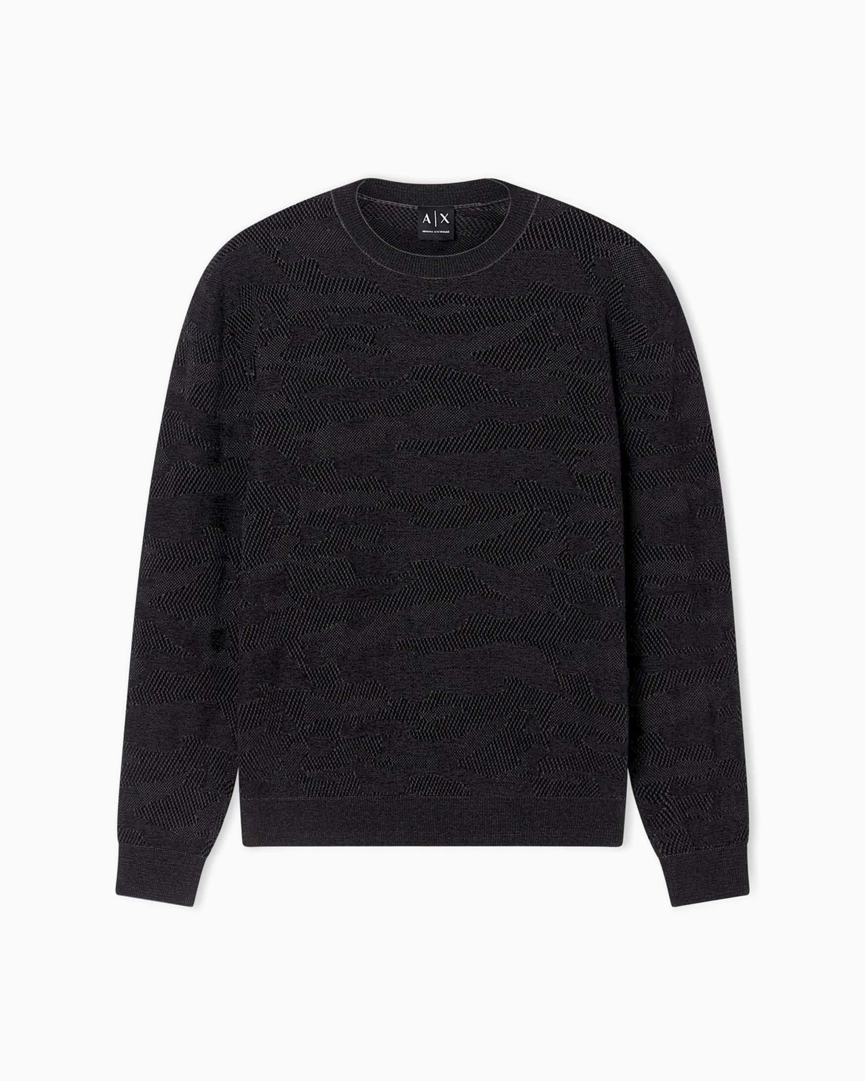 Maglione girocollo Exchange nero in misto cotone jacquard camouflage