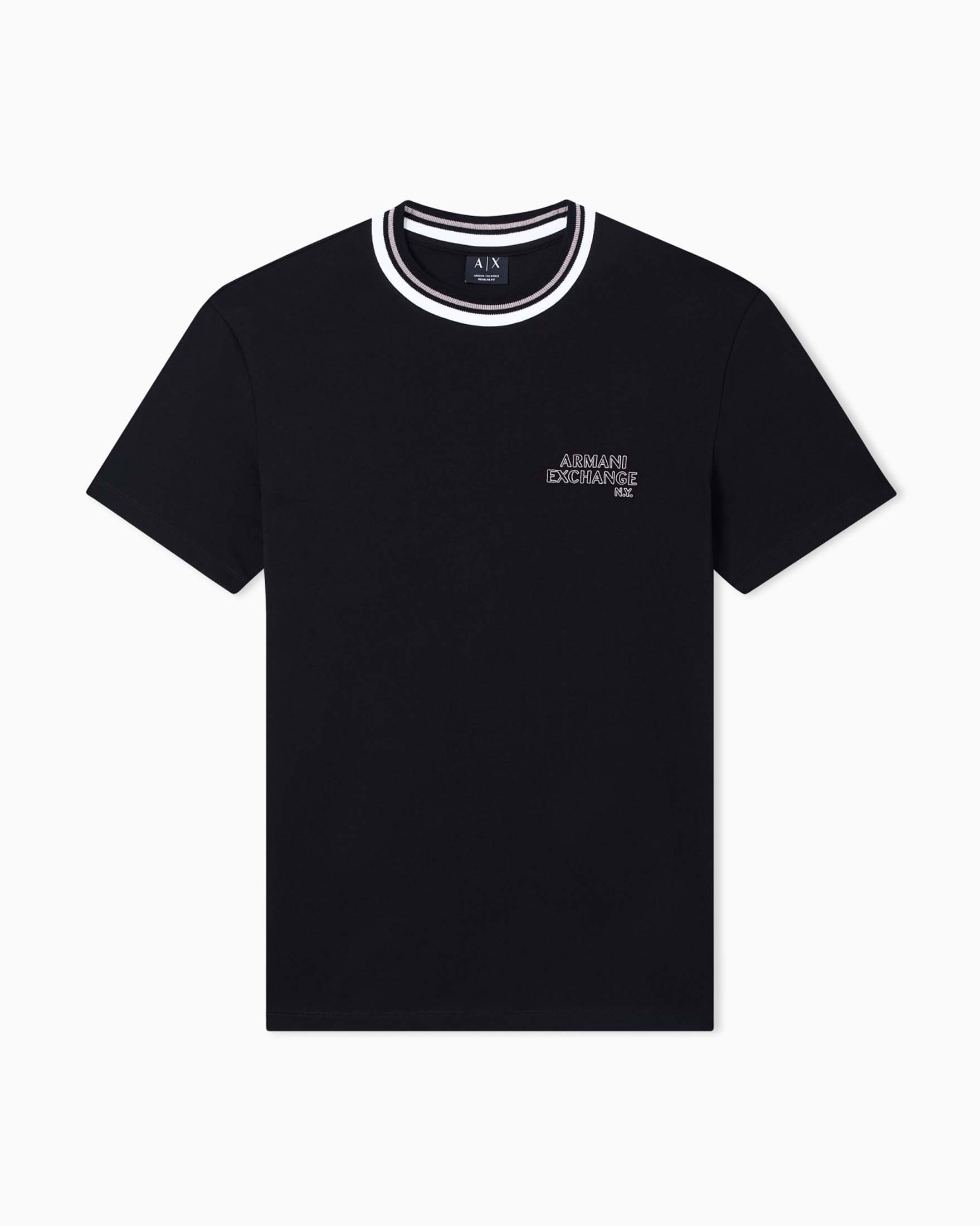 T-shirt Armani Exchange nera in cotone con logo ricamato e bordo a righe