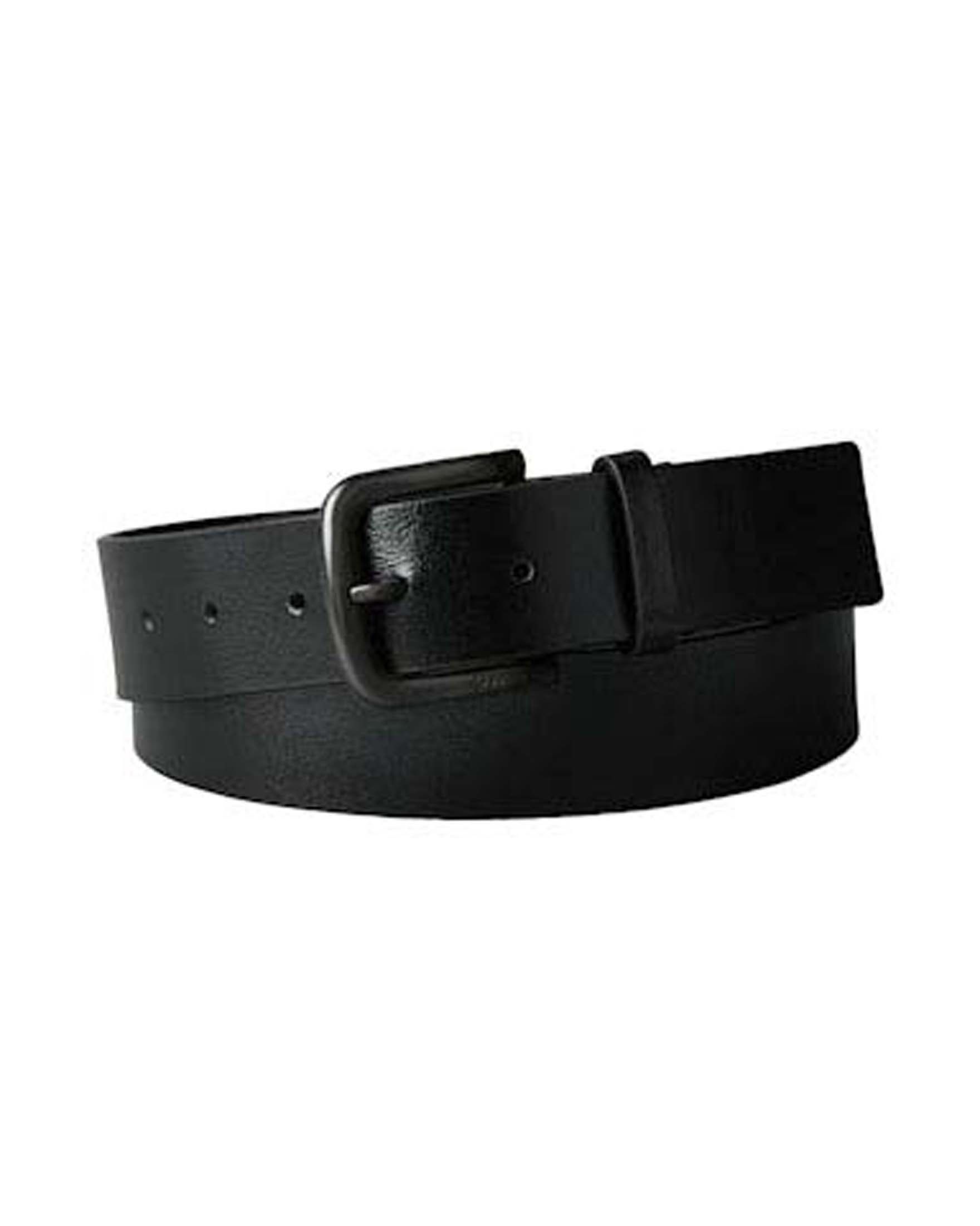 Cintura Jeans nera in pelle con fibbia arrotondata e logo spazzolato