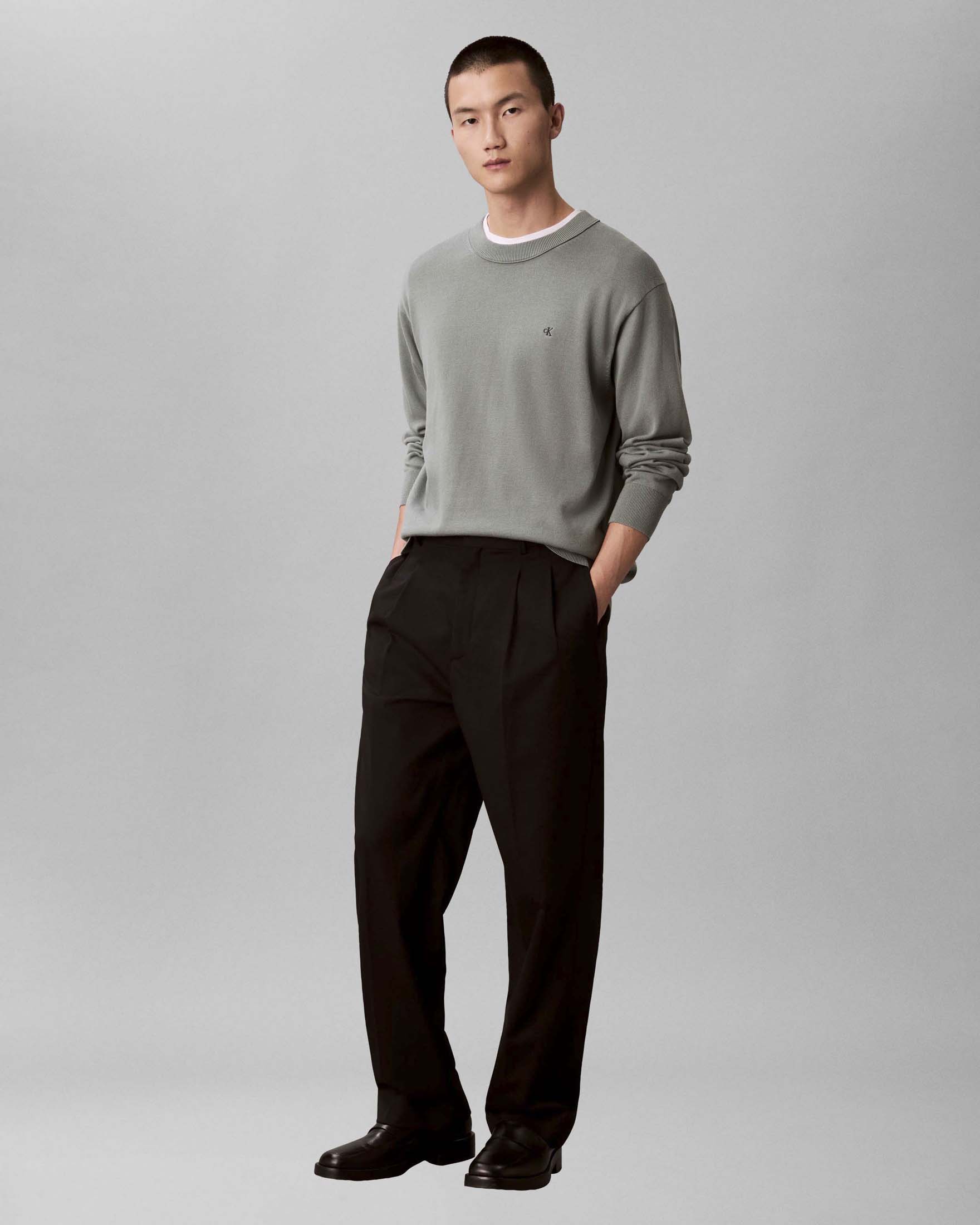 Maglione girocollo Jeans salvia in cotone con logo ricamato