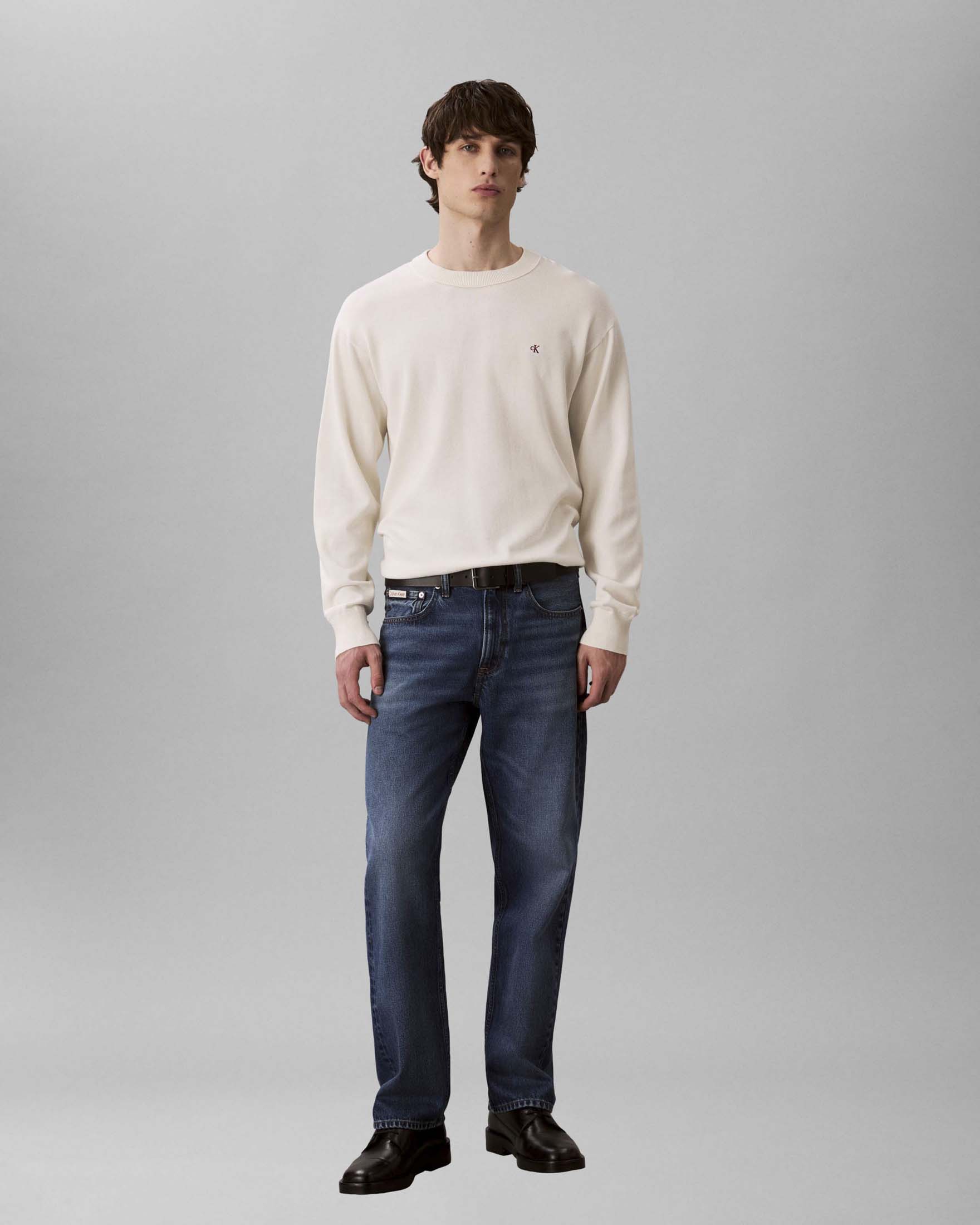 Maglione girocollo Jeans bianco in cotone con logo ricamato