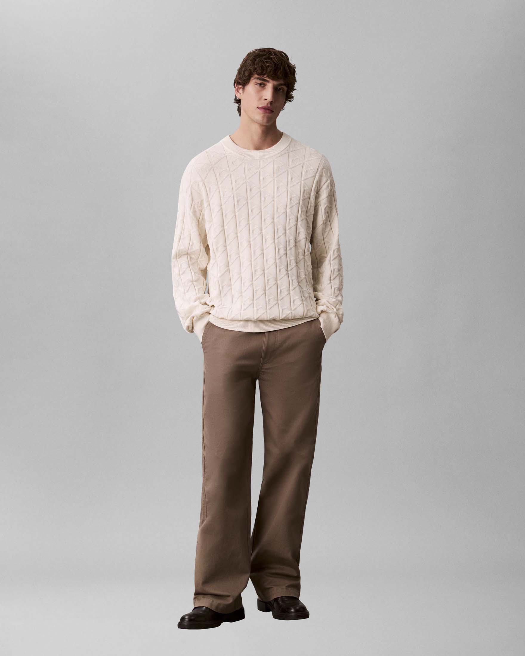 Maglione girocollo Jeans panna in cotone con trama jacquard