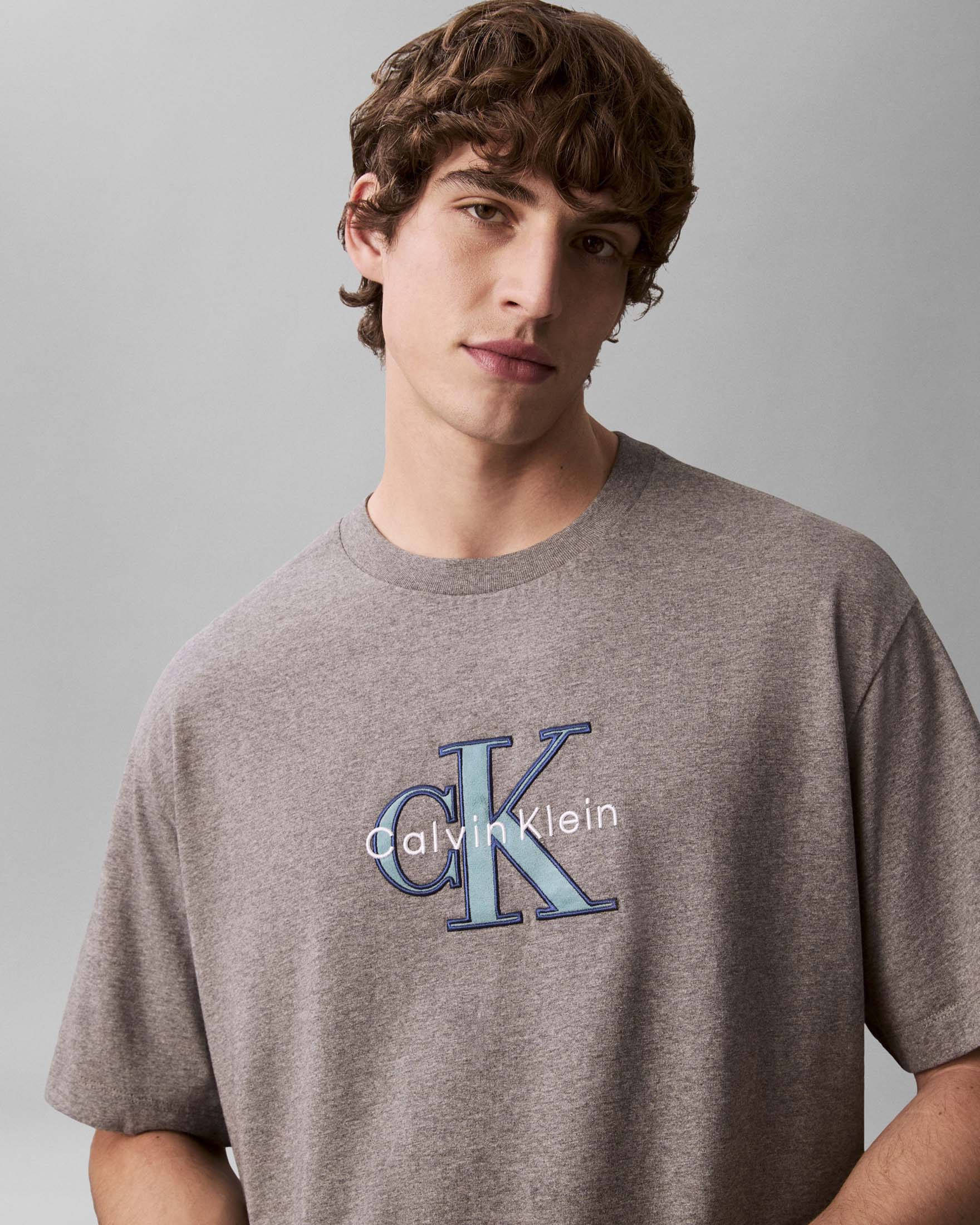 T-shirt Calvin Klein Jeans grigia in cotone con ricamo logo monogramma