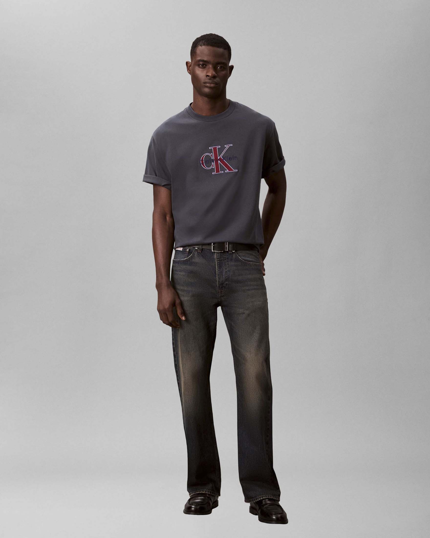 T-shirt Jeans grigio piombo in cotone con ricamo logo