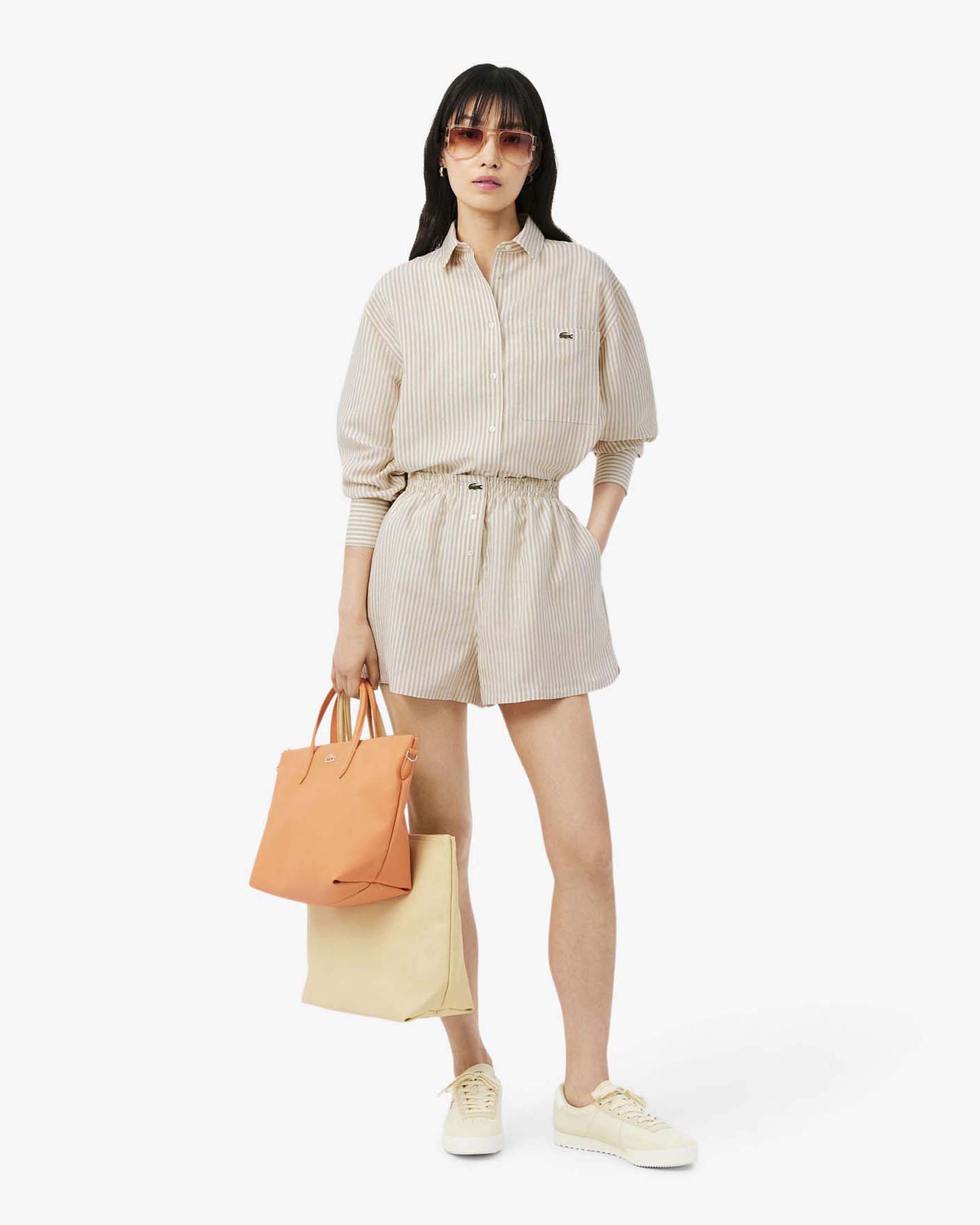 Camicia oversize in misto lino a righe bianche e beige