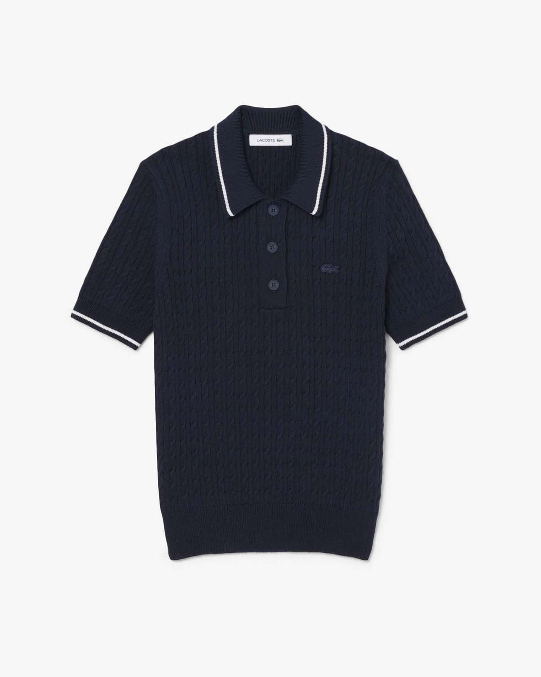 Polo in maglia a trecce blu Lacoste con bordino in contrasto