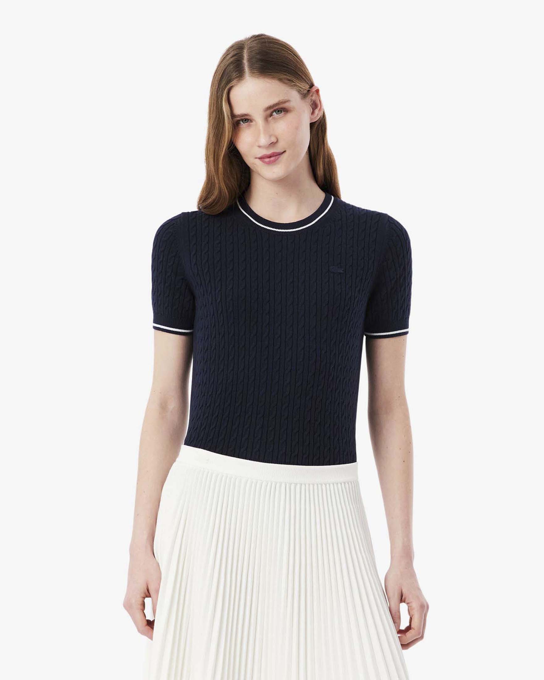 Maglia a maniche corte blu in cotone a trecce con scollo a giro e bordino