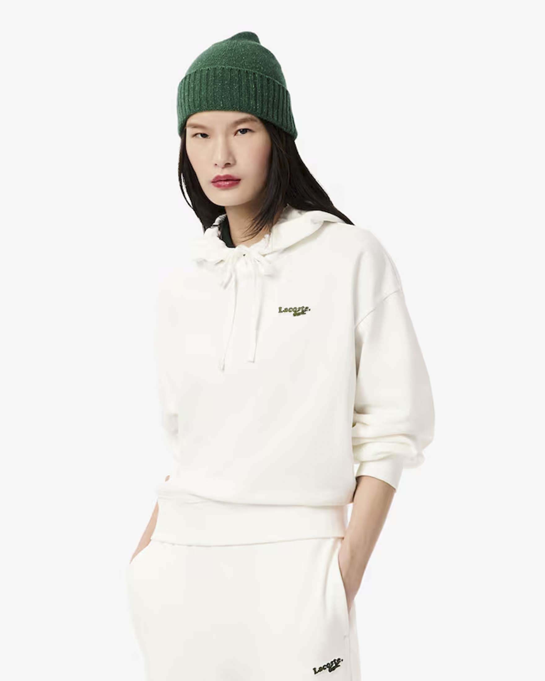 Felpa bianca oversize Lacoste con cappuccio e logo coccodrillo