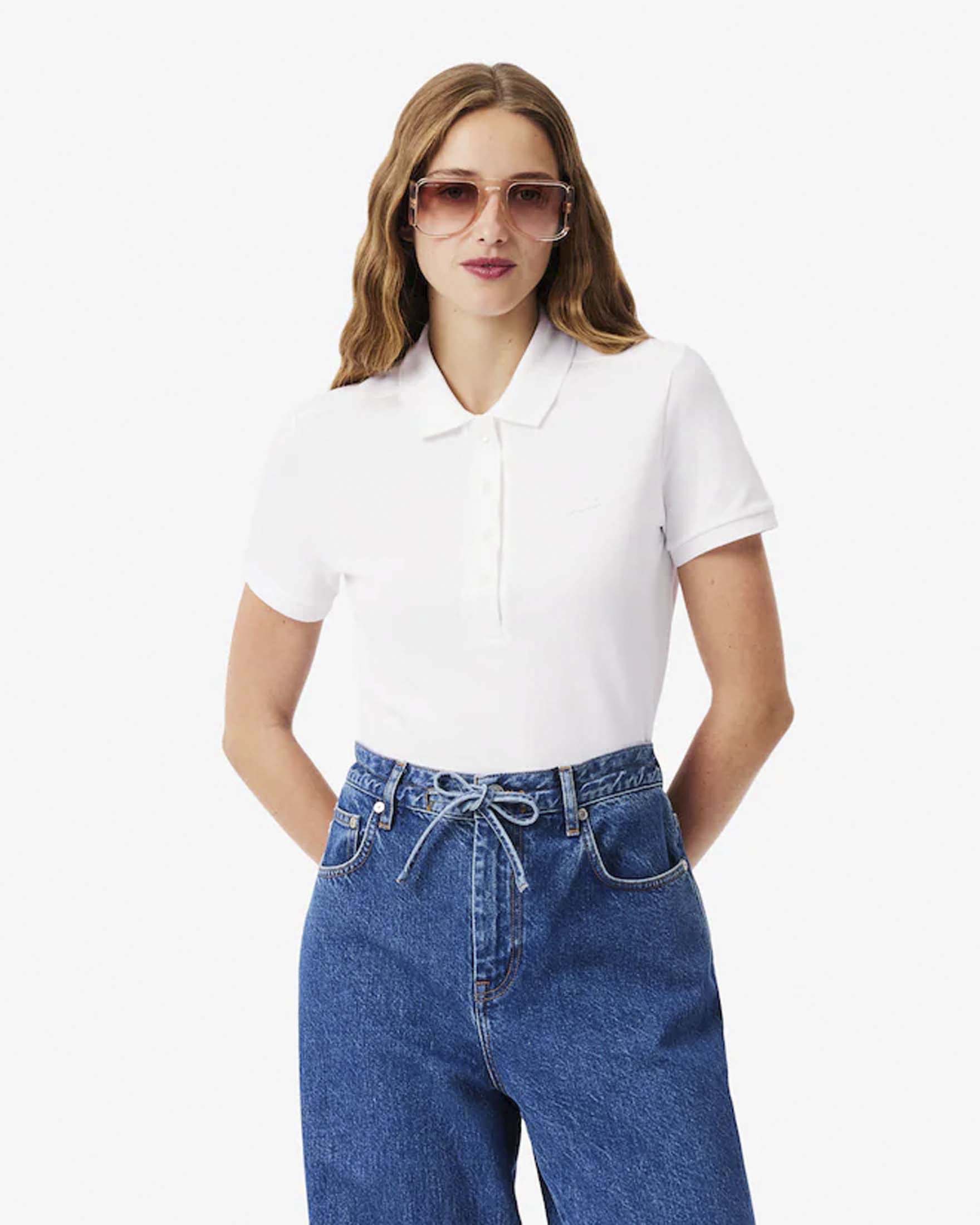 Polo bianca Lacoste in piqué di cotone stretch