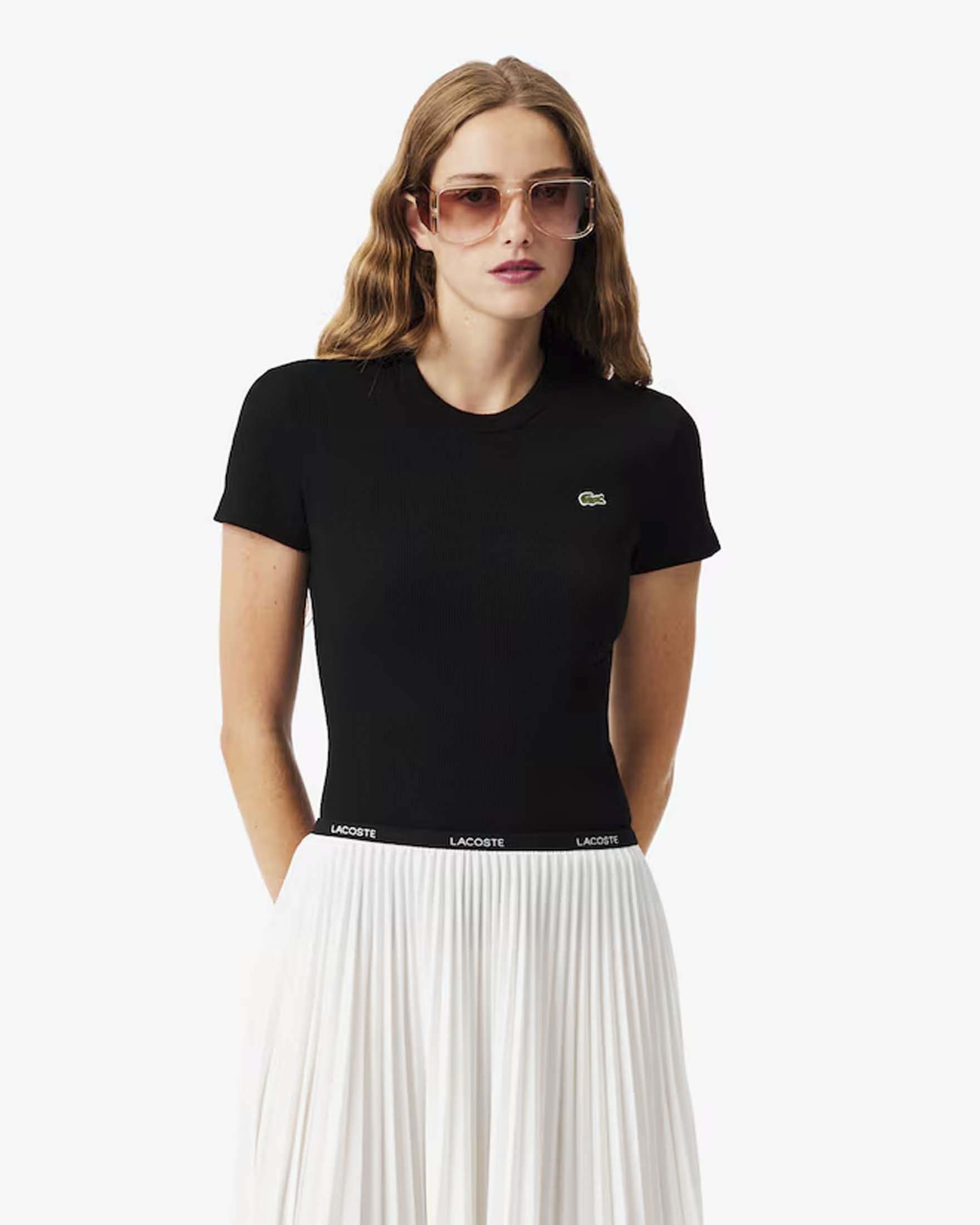 T-shirt girocollo nera in cotone a costine slim fit