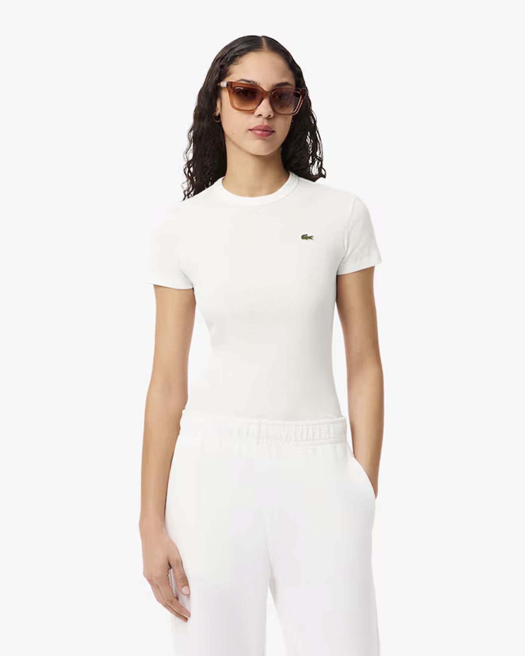 T-shirt girocollo color avorio Lacoste in cotone a costine slim fit