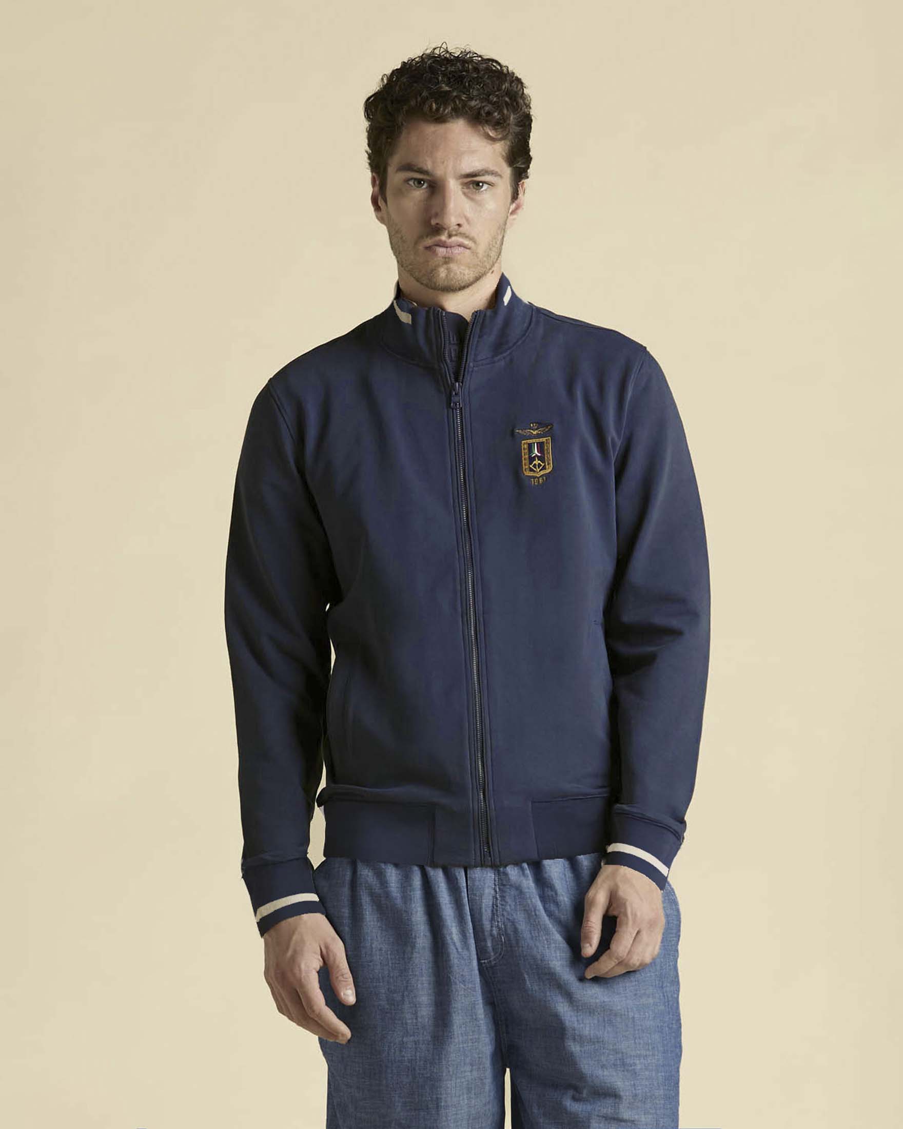 Felpa Aeronautica Militare blu in cotone stretch con chiusura zip e logo Frecce Tricolori