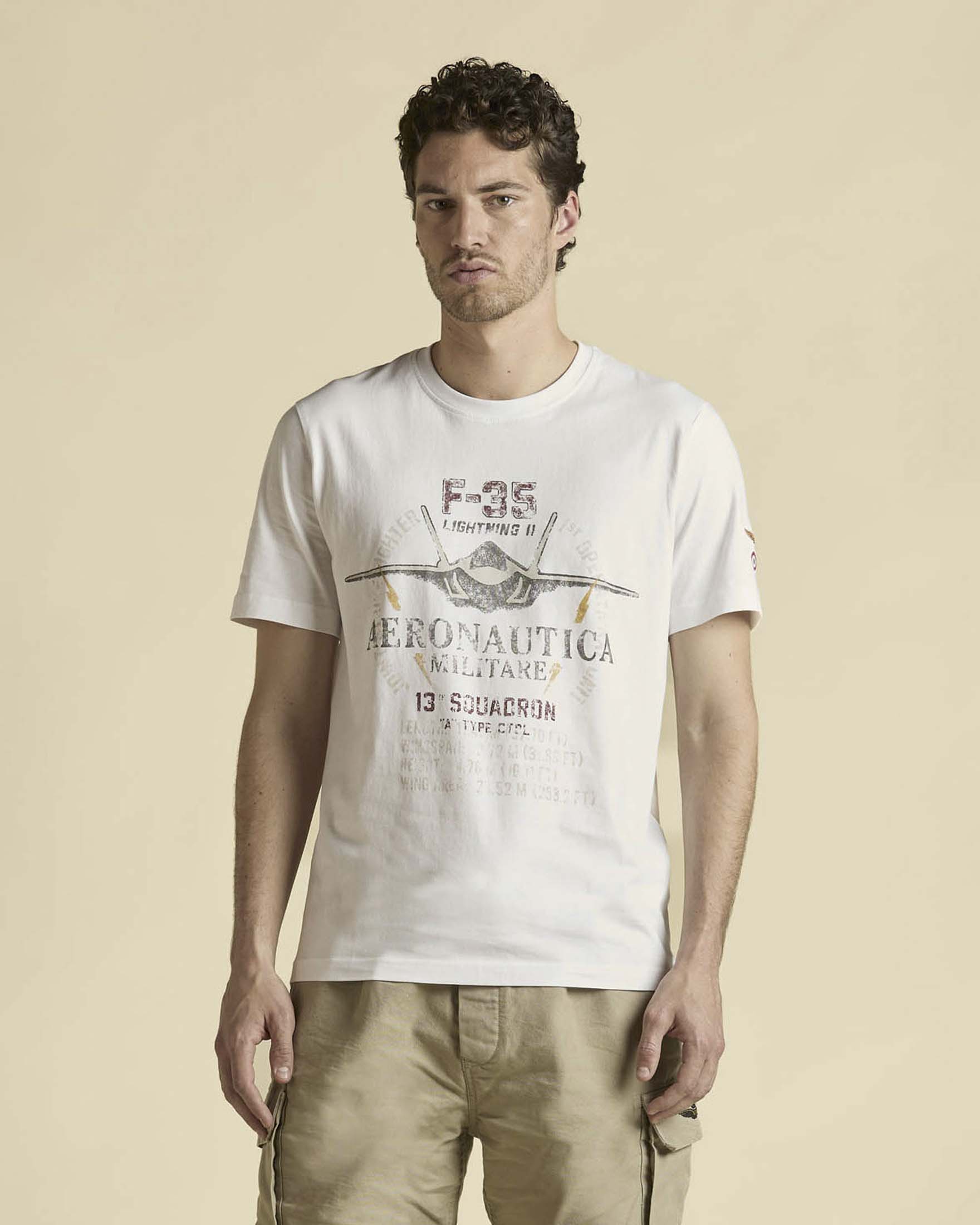 T-shirt bianca mezza manica con stampa F-35