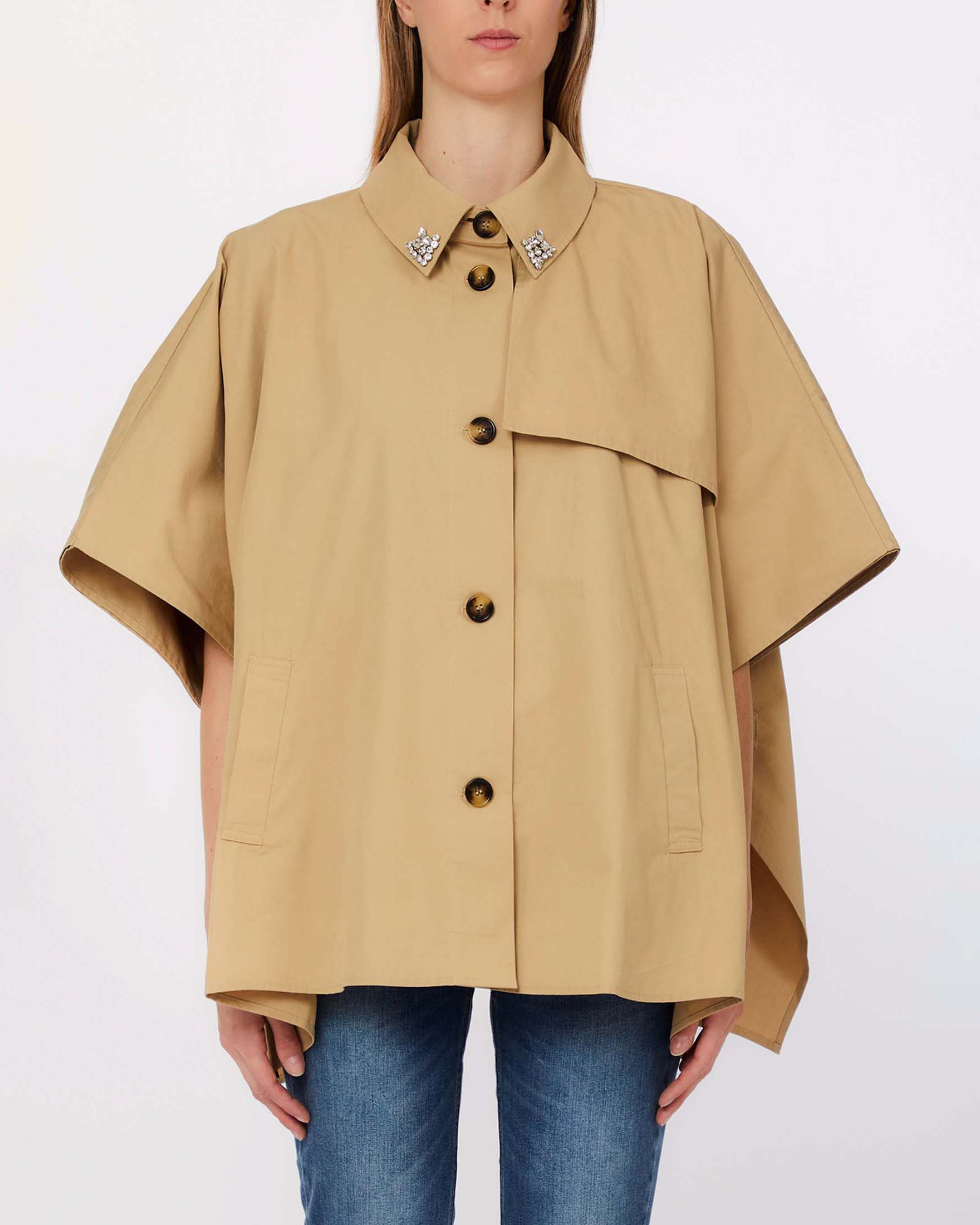 Trench mantella Liu Jo Accessories color sabbia in cotone con dettagli gioiello sul colletto