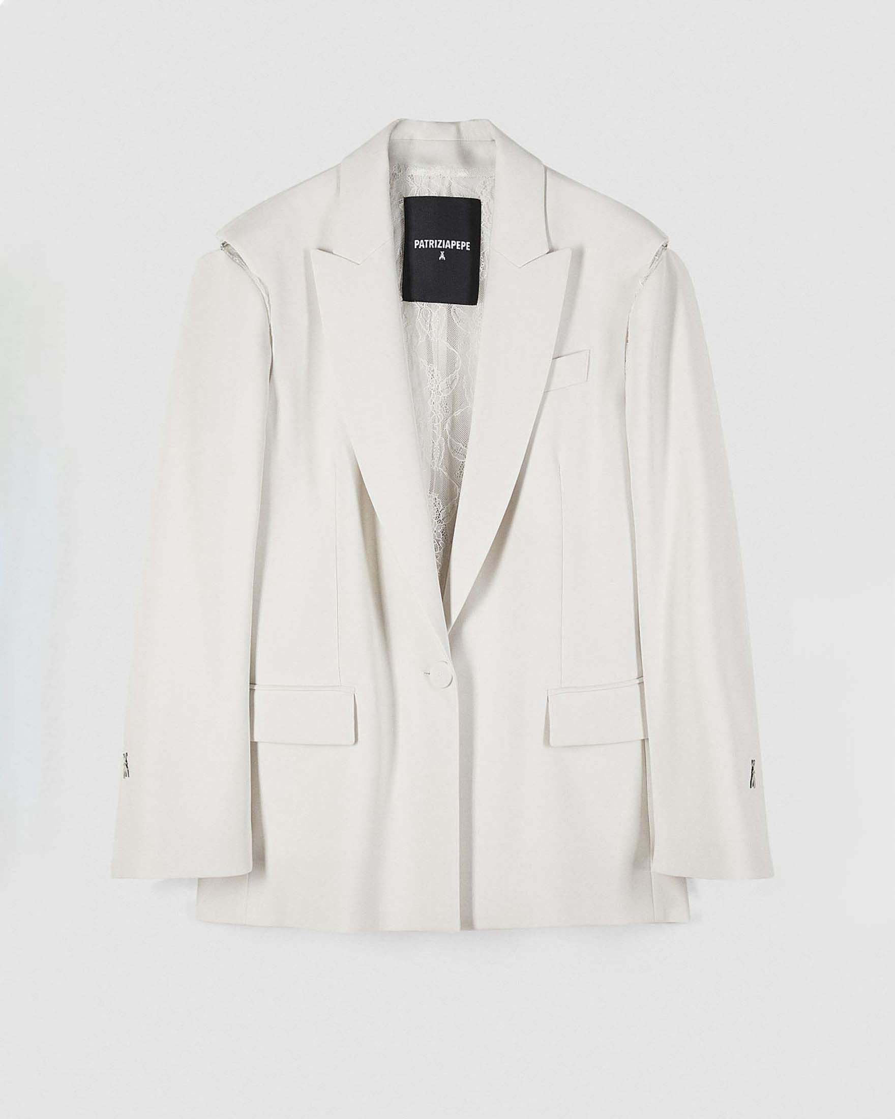 Blazer over in crêpe color avorio Patrizia Pepe con cut out e inserti in pizzo