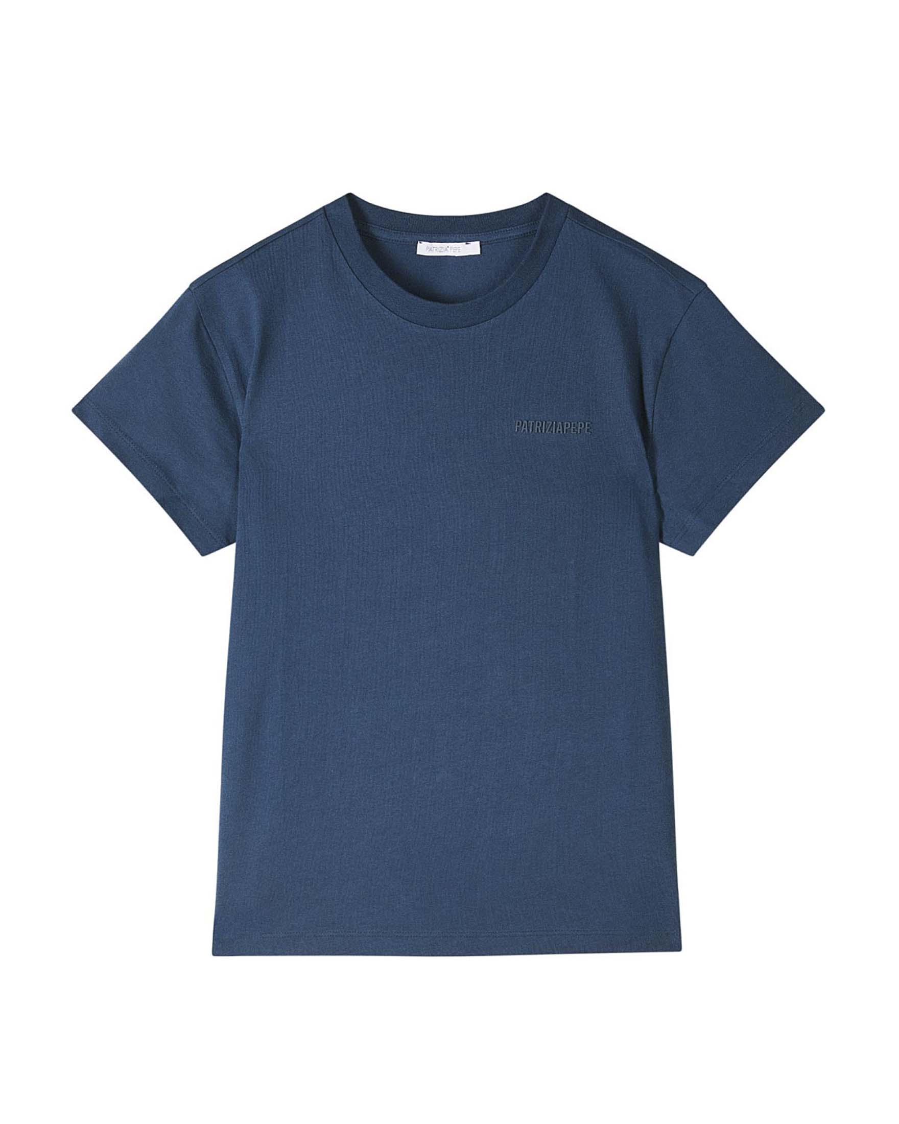 T-shirt blu indaco mezza manica in cotone con logo ricamato sul petto tono su tono