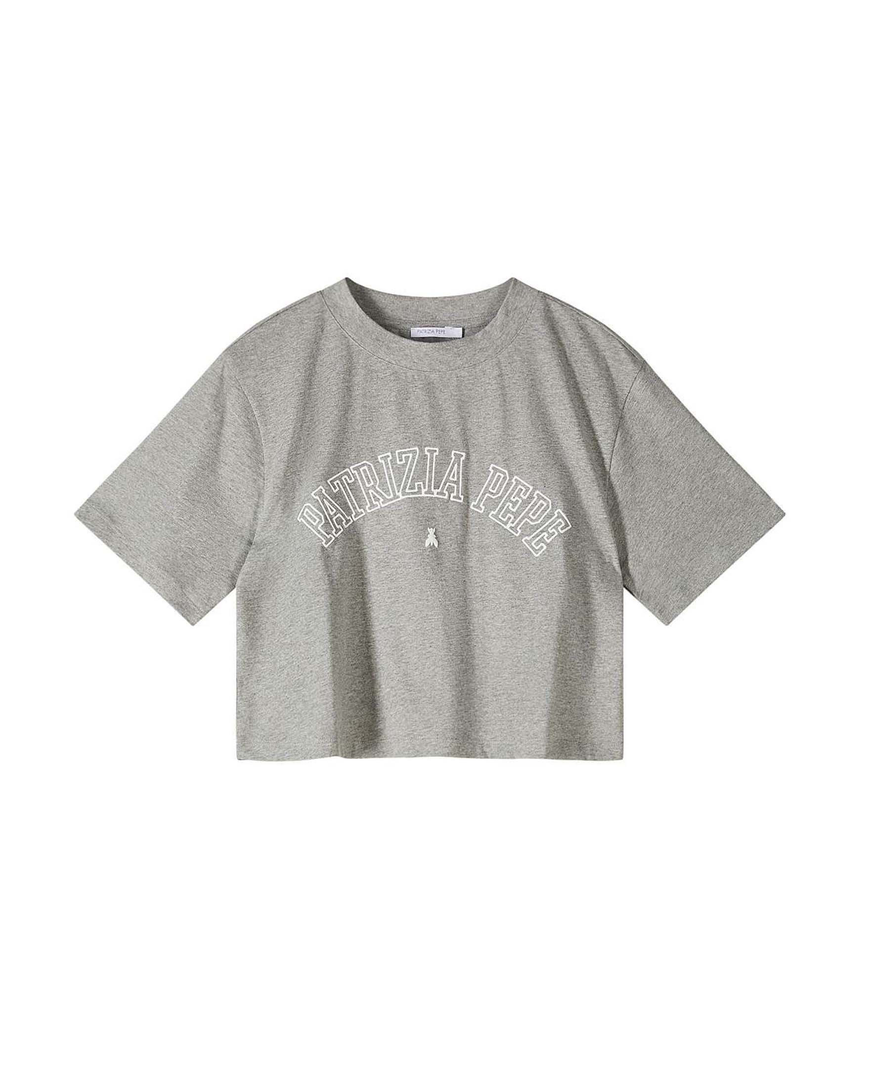 T-shirt grigia cropped con logo ricamato a contrasto di colore