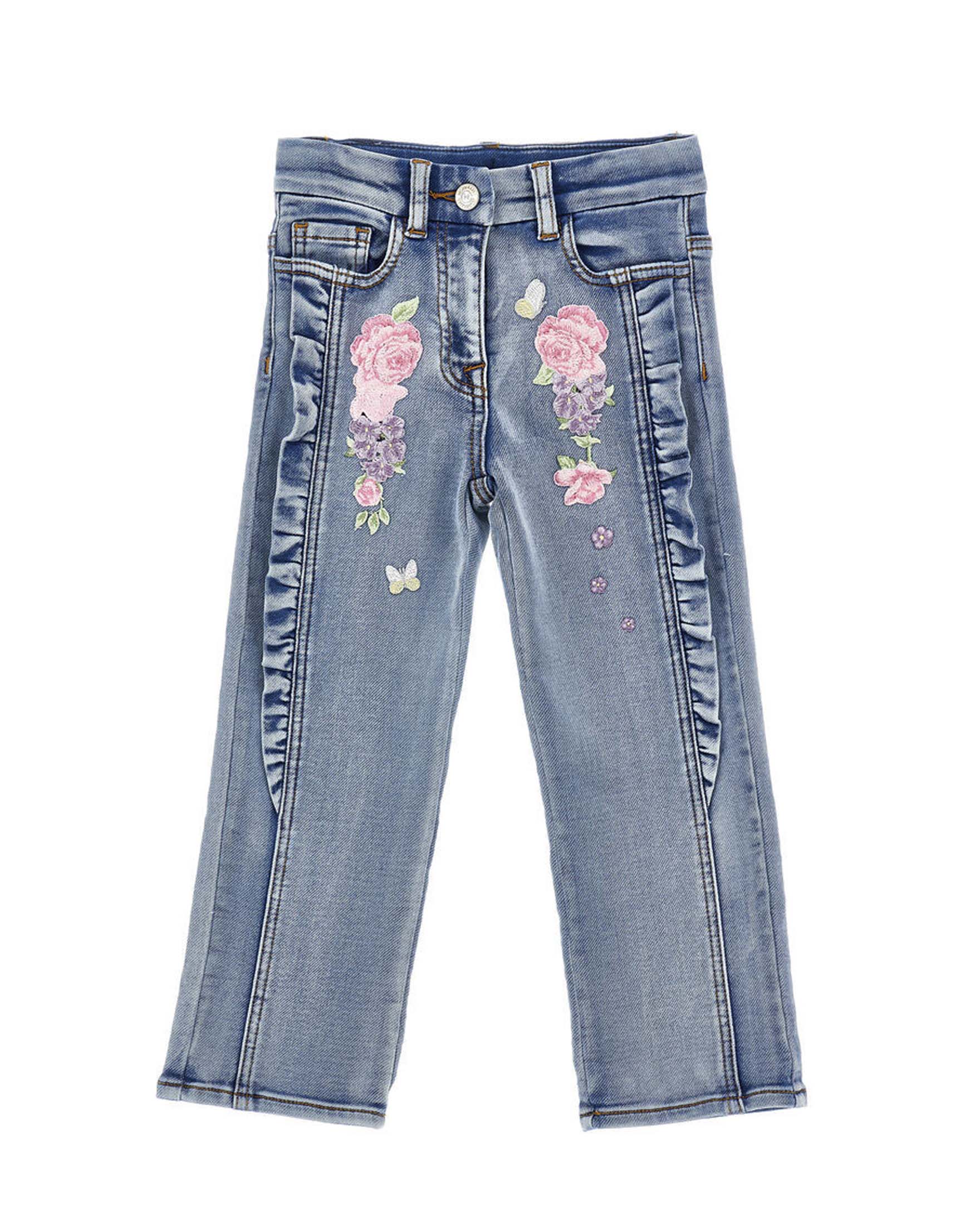 Jeans regular fit lavaggio medio con rouches e patch fiori applicati