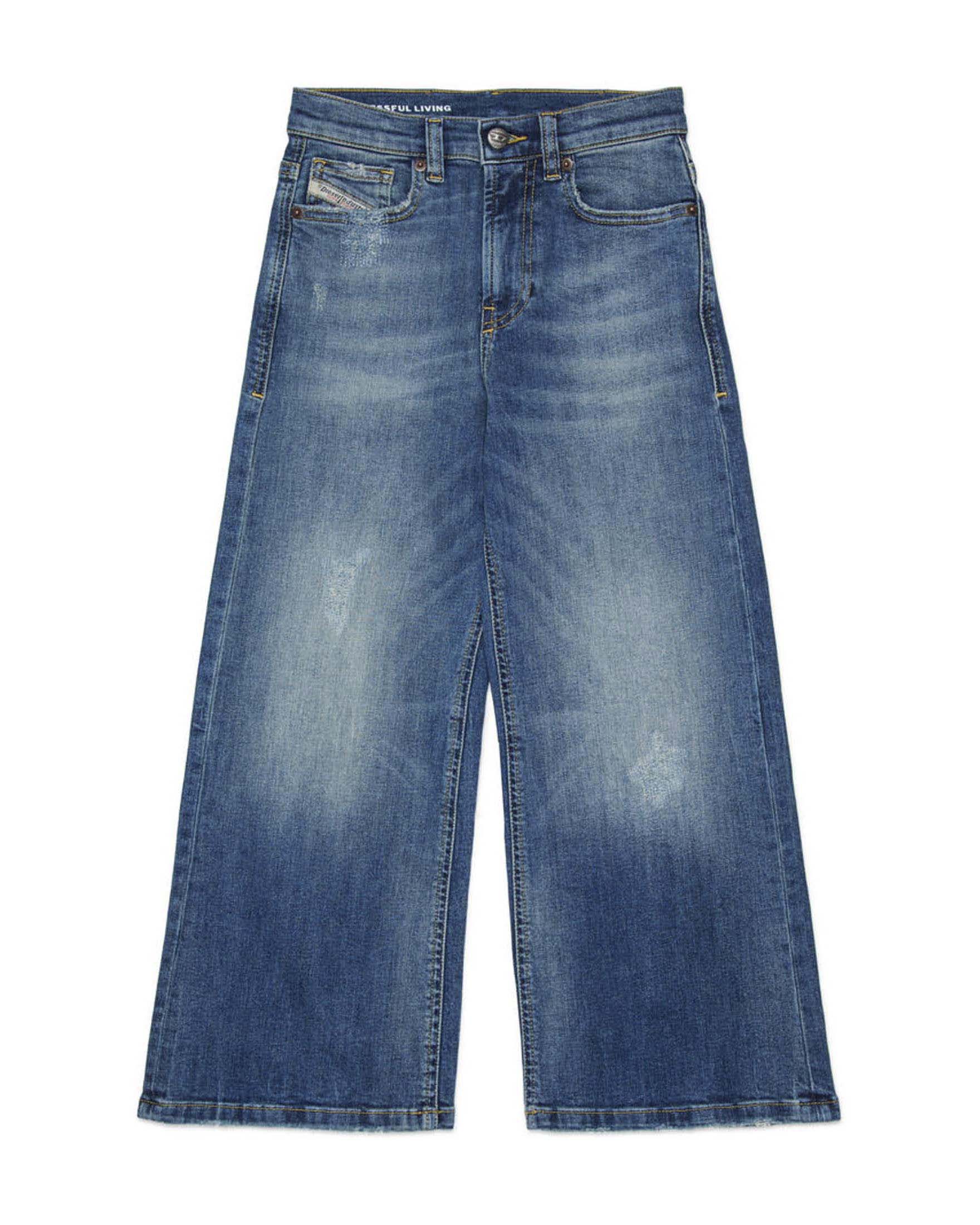 Jeans wide leg lavaggio medio stone washed in cotone con baffature