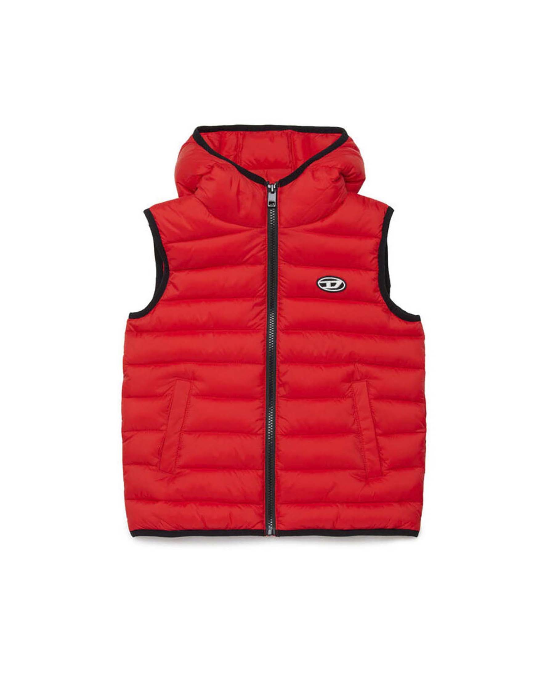Gilet rosso in nylon opaco imbottito in piuma con cappuccio