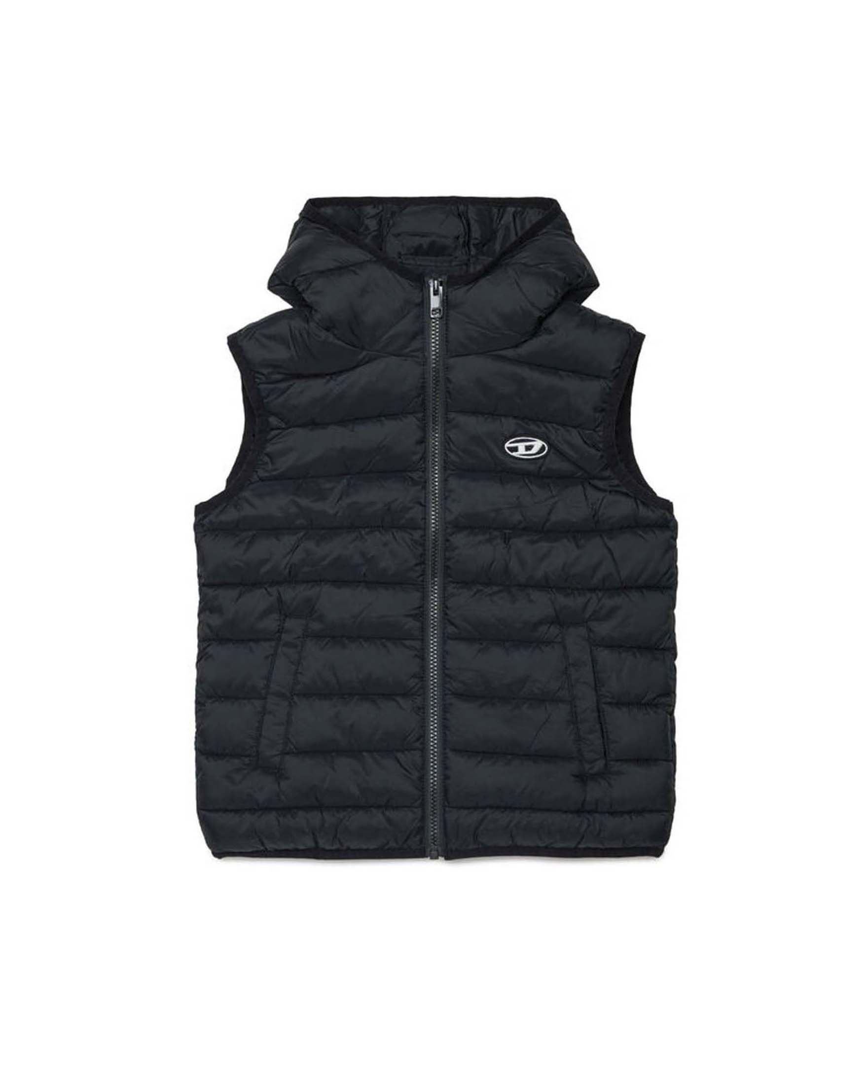 Gilet nero in nylon opaco imbottito in piuma con cappuccio