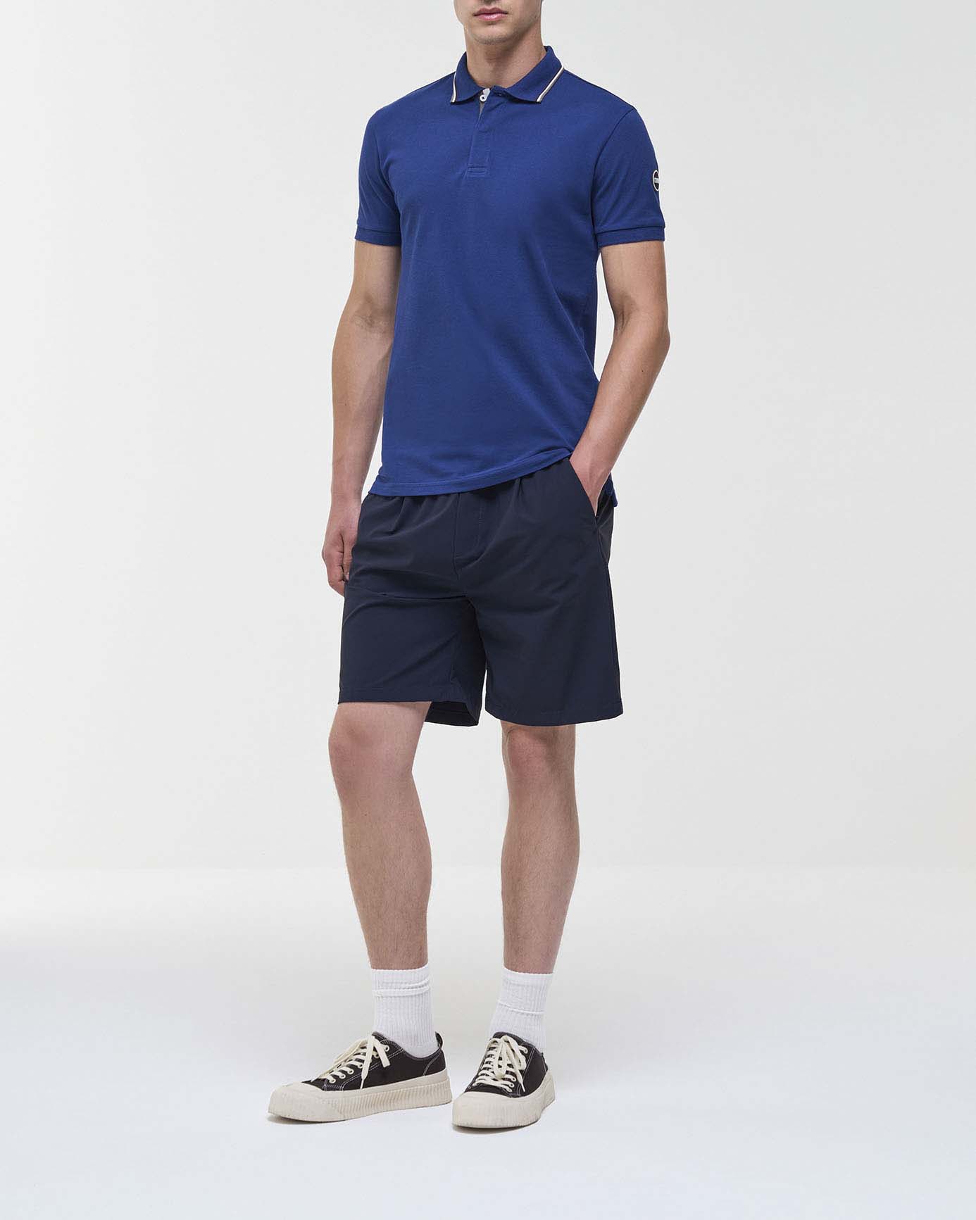 Polo blu royal mezza manica Colmar Originals in piquè con abbottonatura coperta e bordino grigio bianco e bordeaux