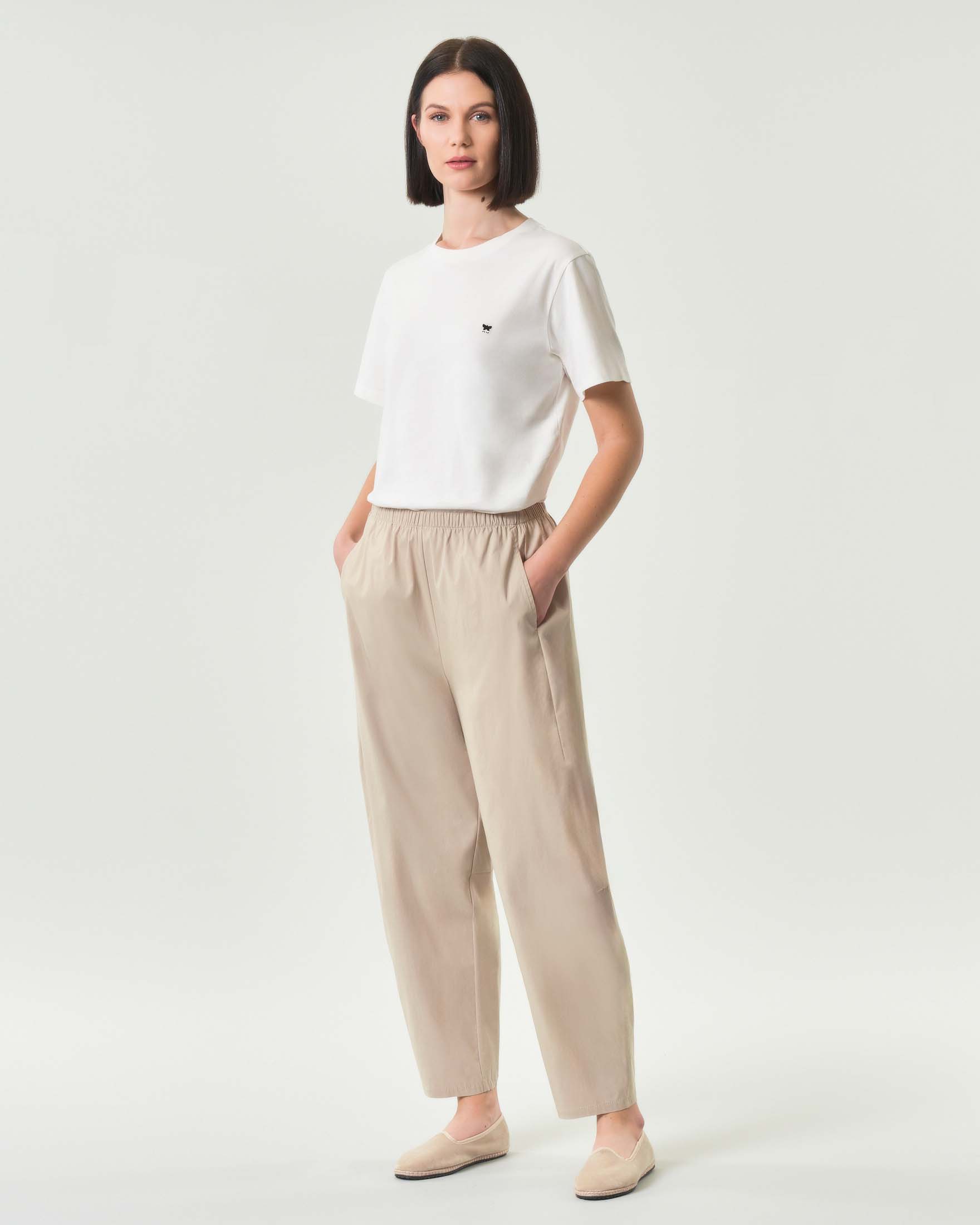Pantaloni baloon beige Jurerê in bangalina di misto viscosa stretch con elastico inserito in vita