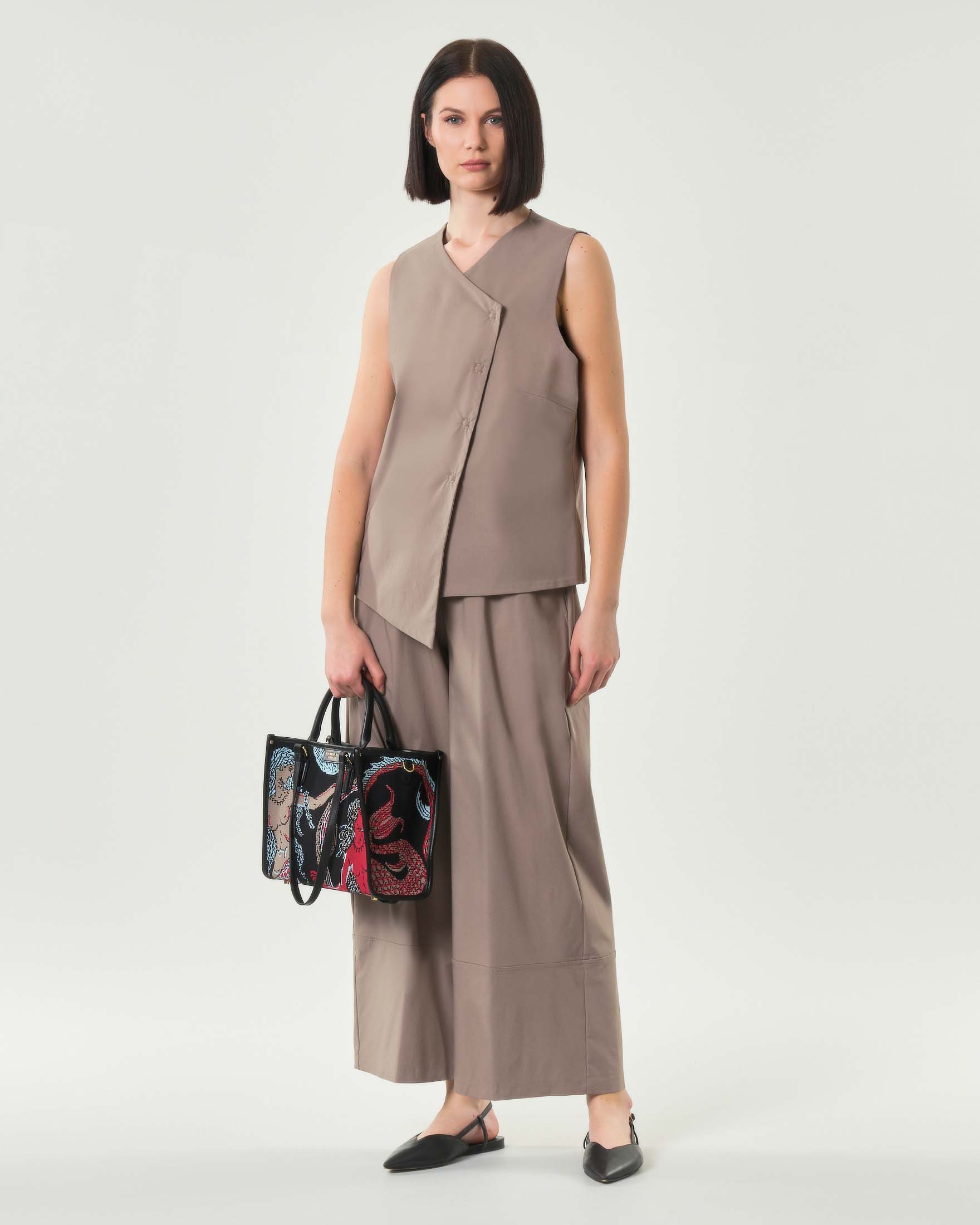 Pantaloni wide leg tortora Jurerê in misto viscosa con elastico inserito in vita