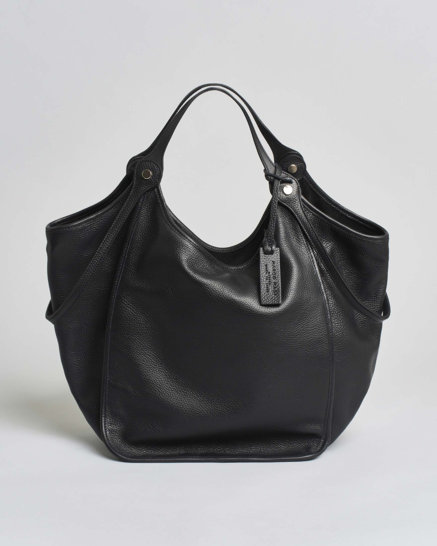Borsa a spalla grande in pelle martellata nera con profili in pelle tono su tono