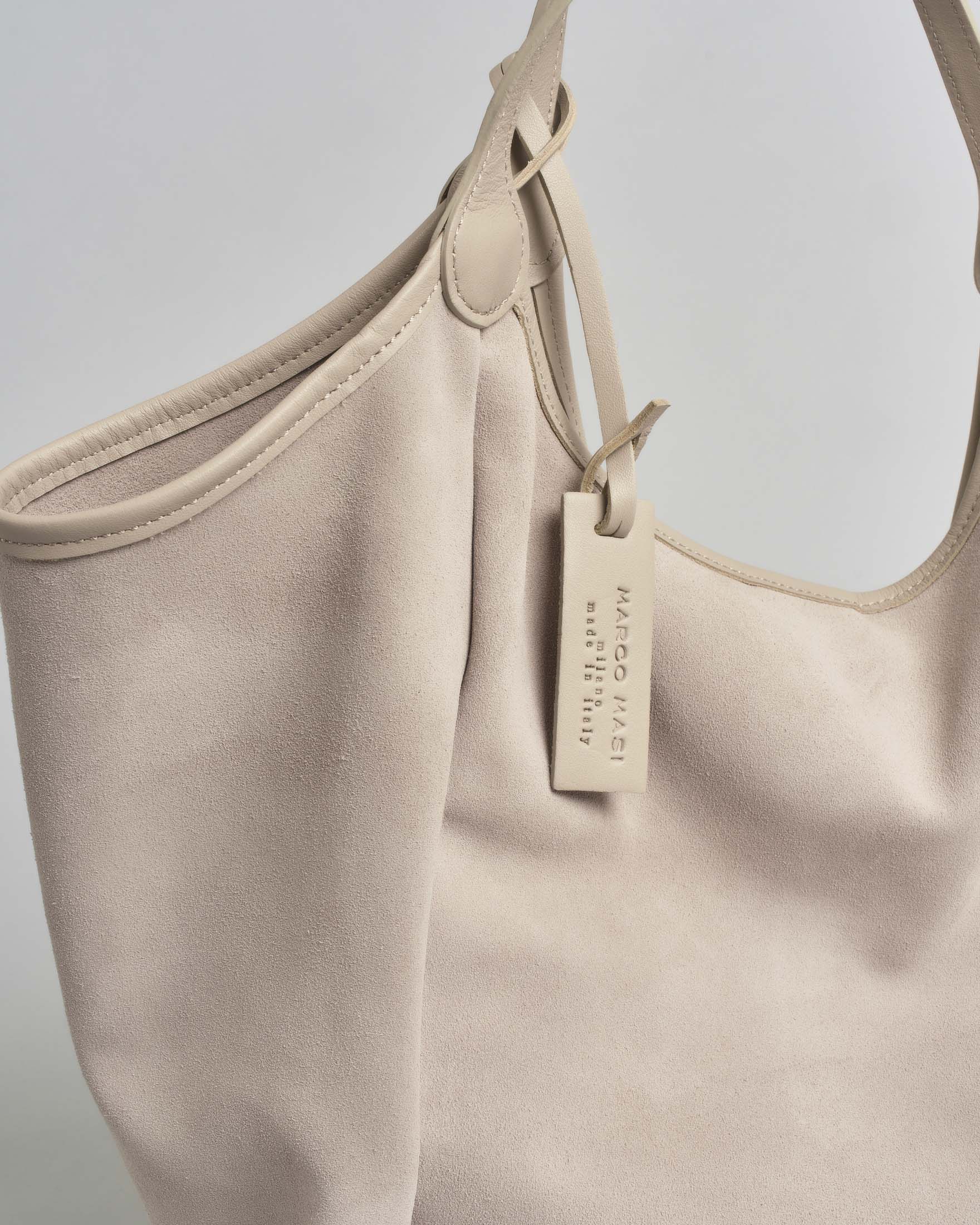Borsa Marco Masi a spalla in pelle scamosciata beige con profili in pelle tono su tono image