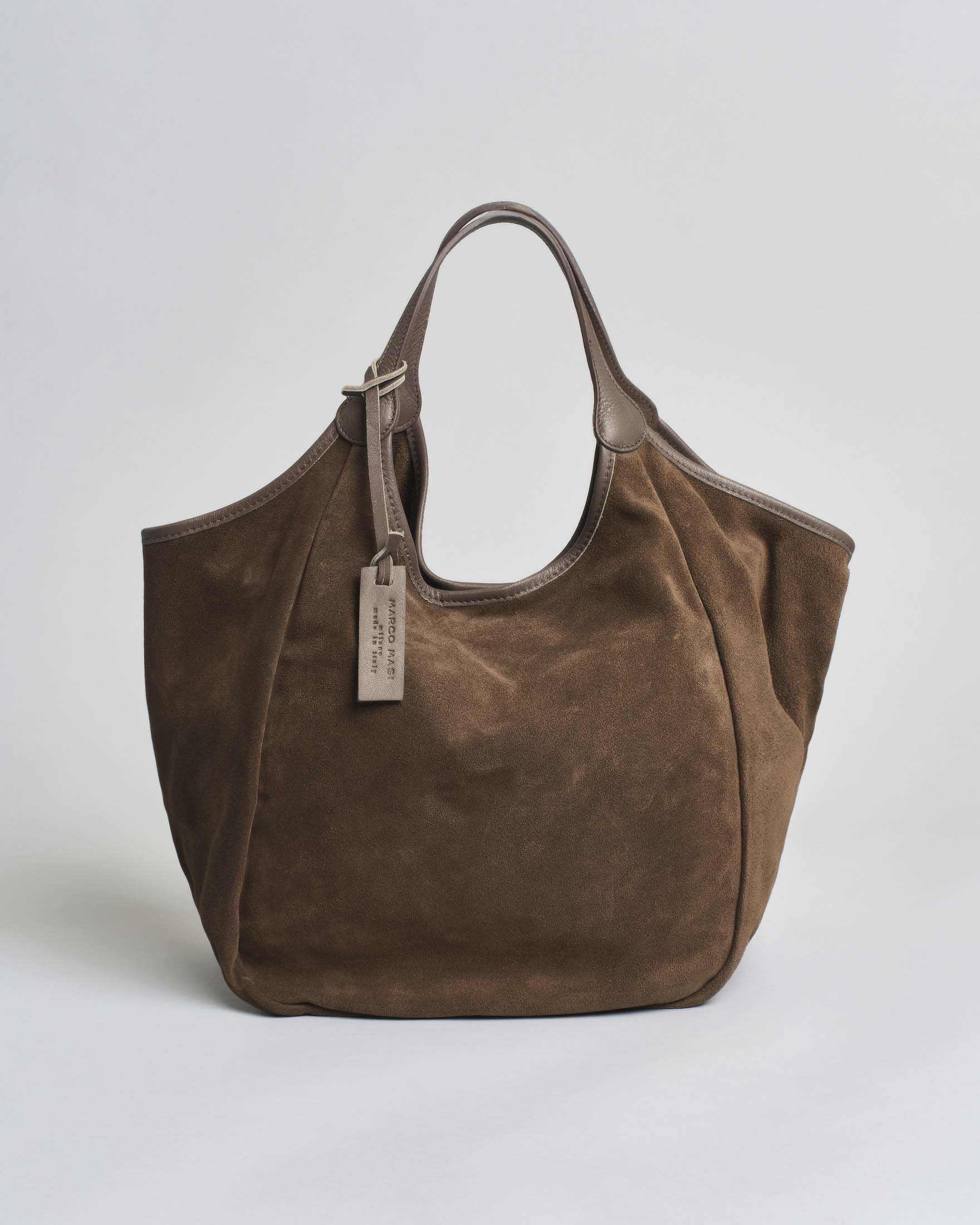 Borsa Marco Masi a spalla in pelle scamosciata marrone con profili in pelle tono su tono