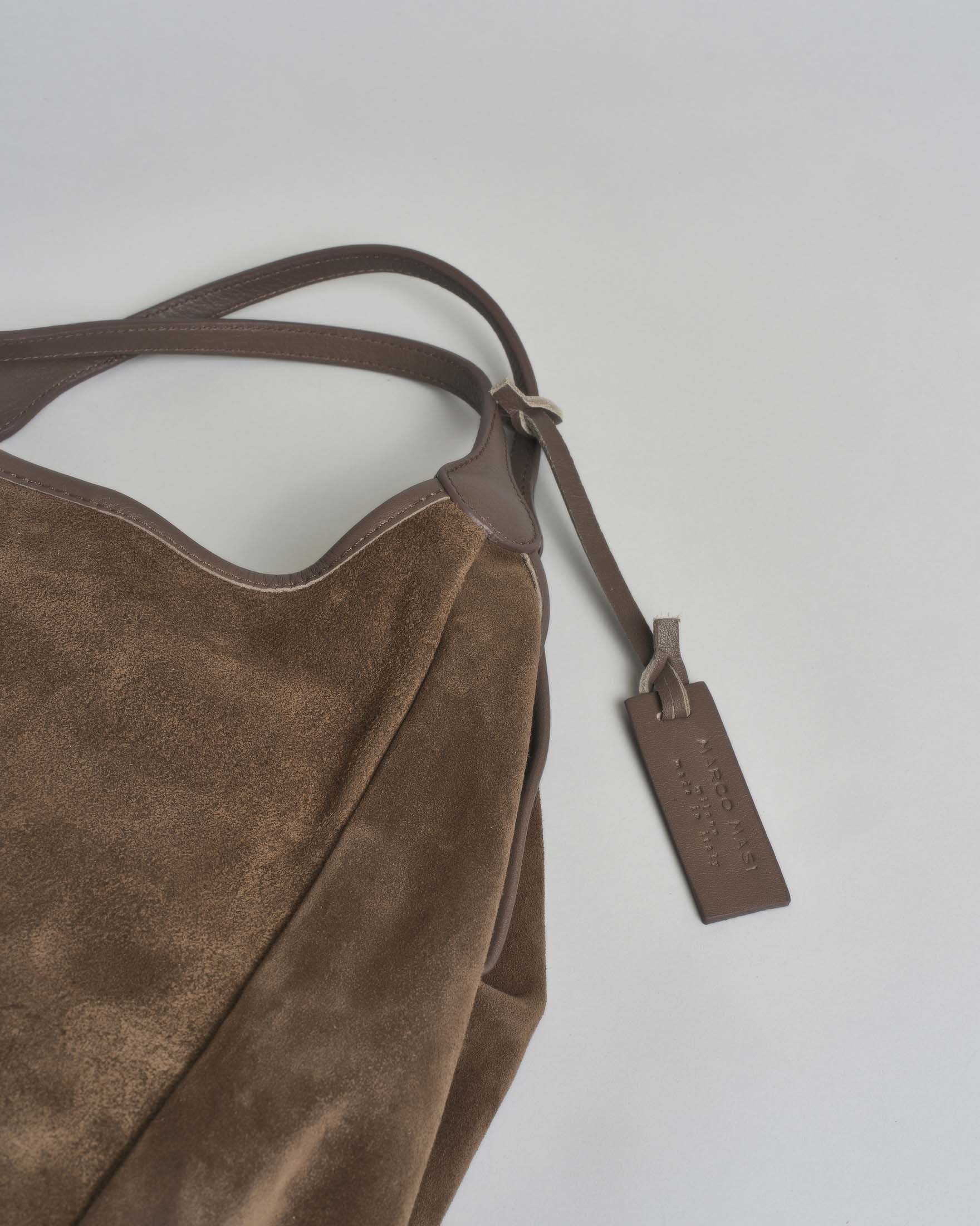 Borsa Marco Masi a spalla in pelle scamosciata marrone con profili in pelle tono su tono image