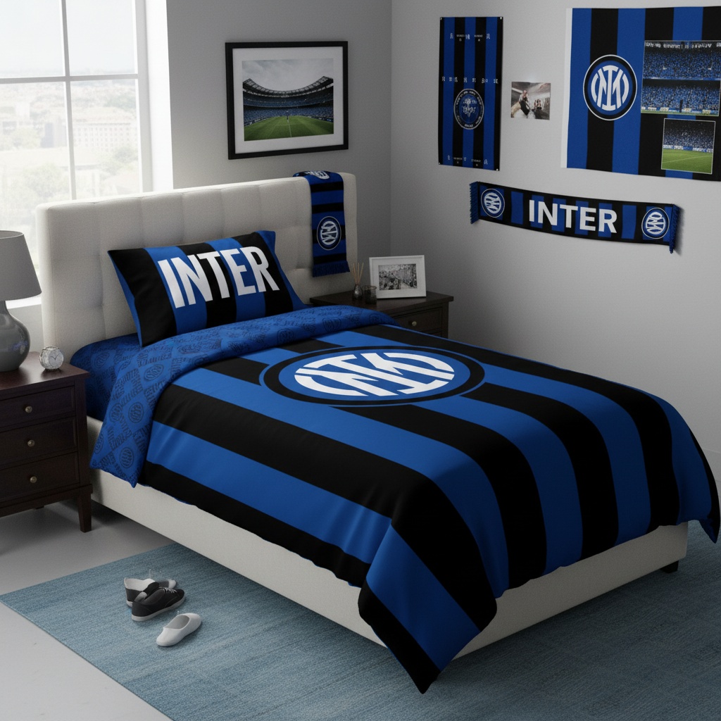 Completo Letto Inter In Cotone, Nero/Blu, 150x295 Cm, Lenzuolo Sotto Con Angoli 90x200 Cm, Federa 52x80 Cm, Produzione Italiana