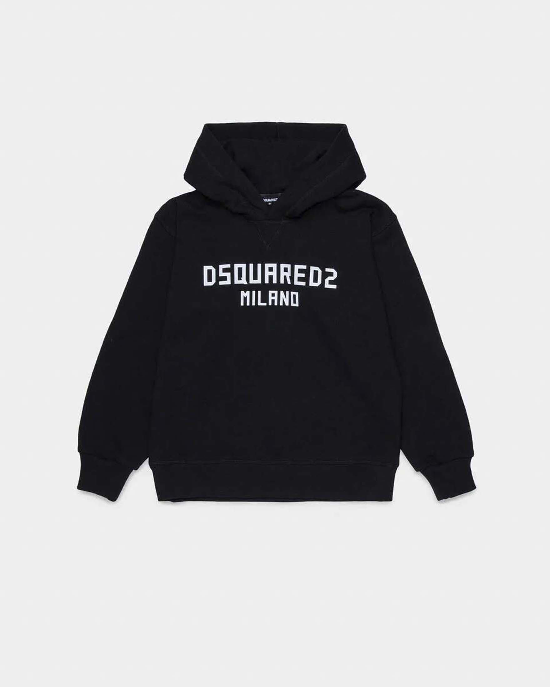 Felpa Dsquared2 nera con cappuccio e scritta logo Milano bianca