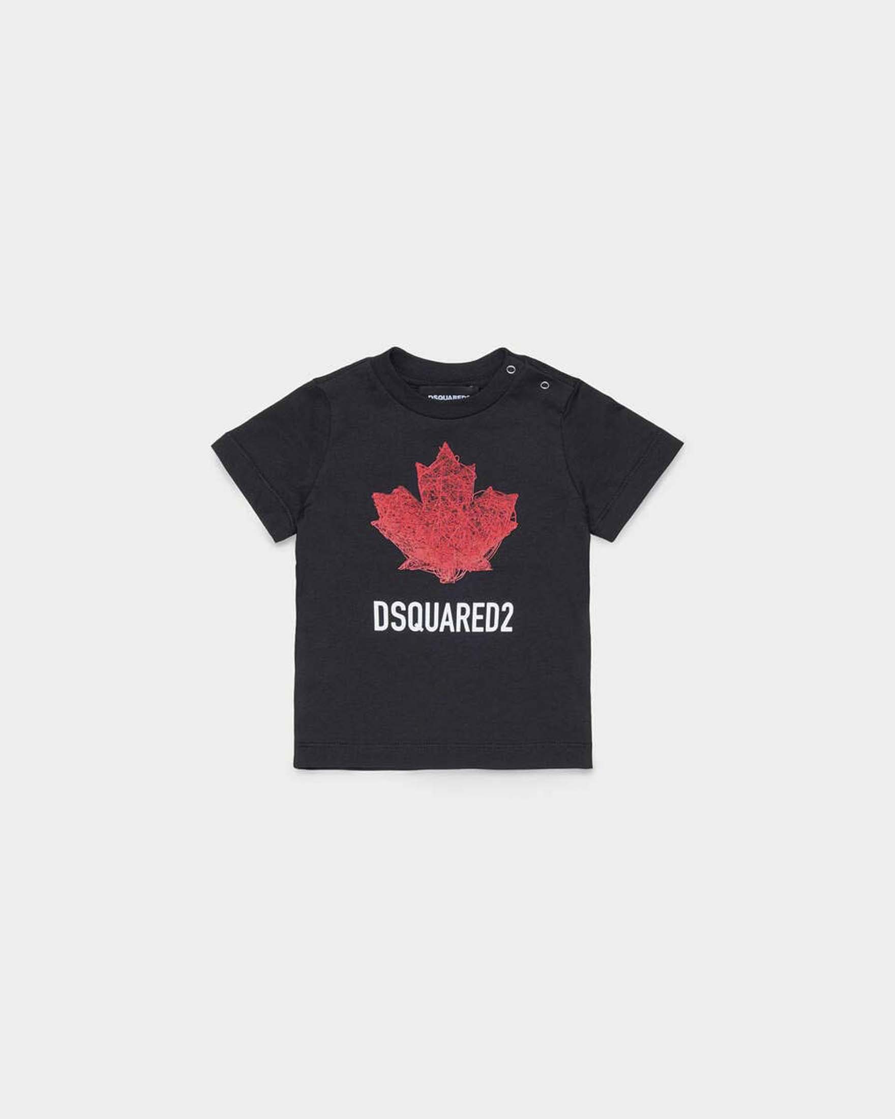 T-shirt Dsquared2 nera in puro cotone con foglia logo rossa