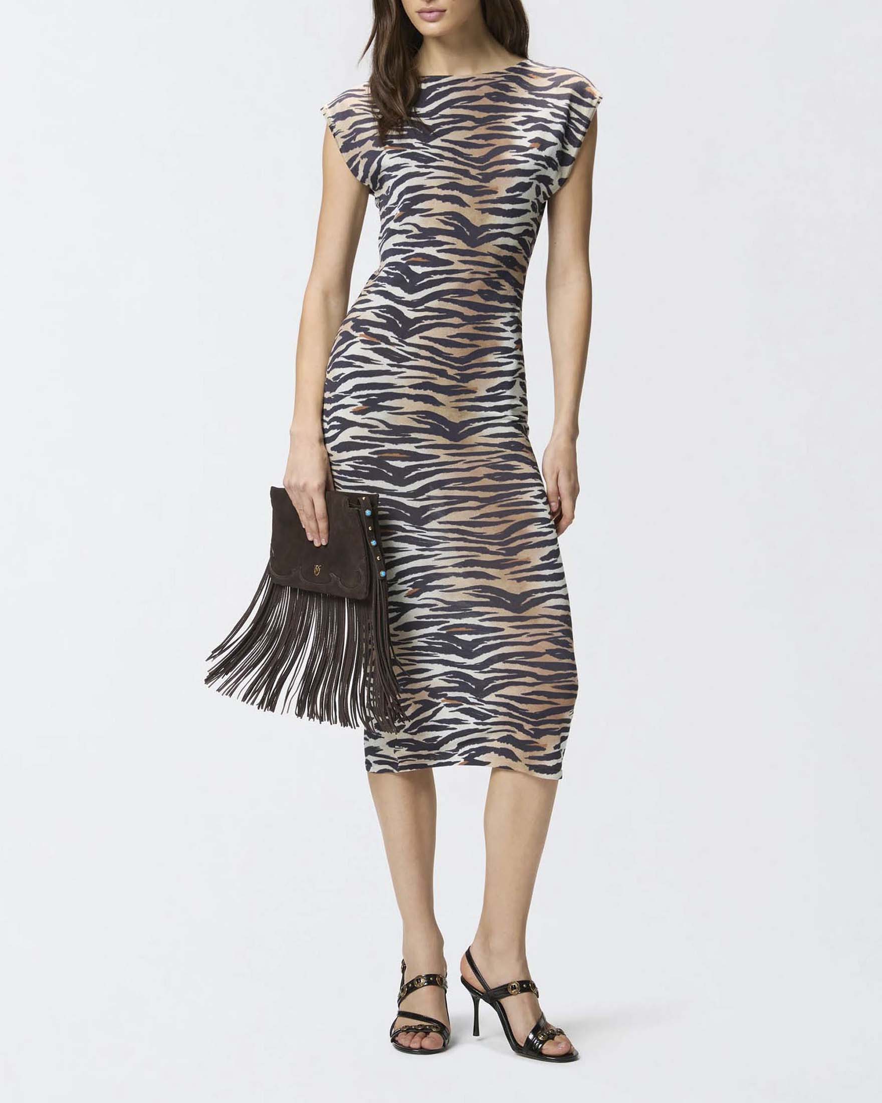 Abito aderente midi con stampa animalier e maniche ad aletta