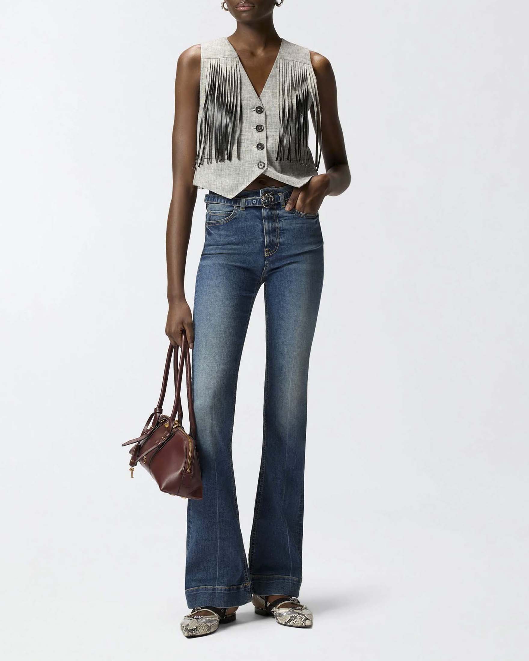 Jeans flare a lavaggio medio con cintura e fibbia Love Birds