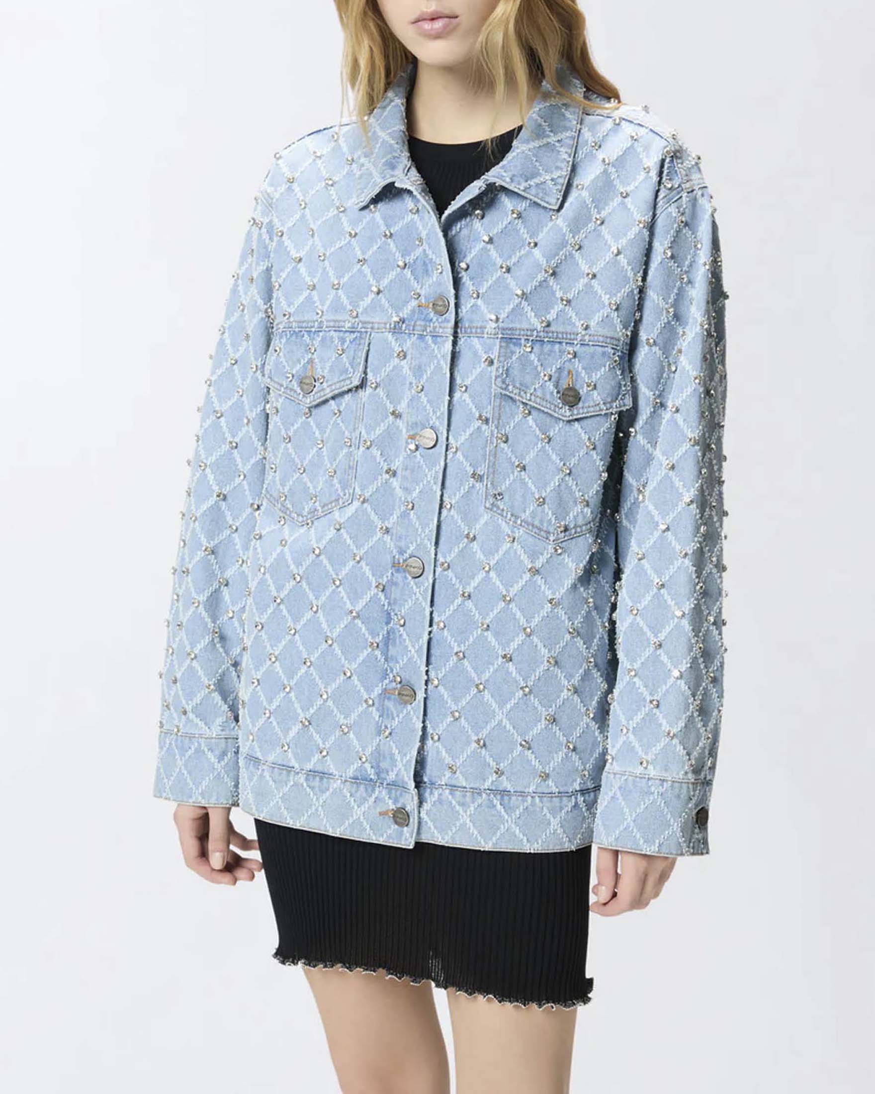 Giubbino in denim chiaro Pinko con fantasia a rombi e strass gioiello applicati