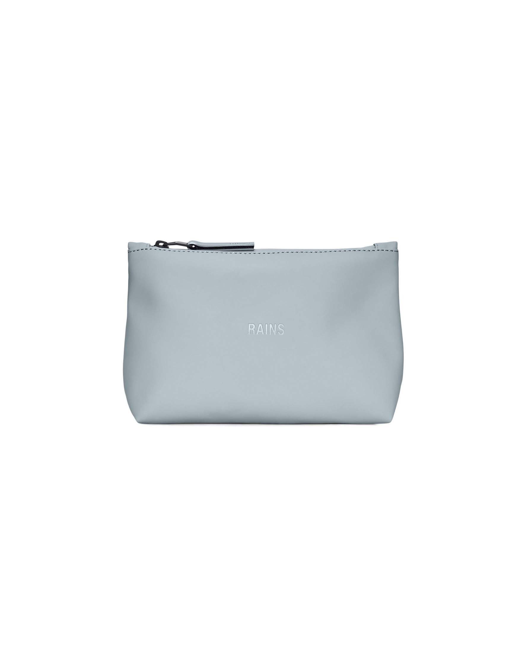 Cosmetic bag azzurra Rains in tessuto impermeabile effetto vernice con scritta logo