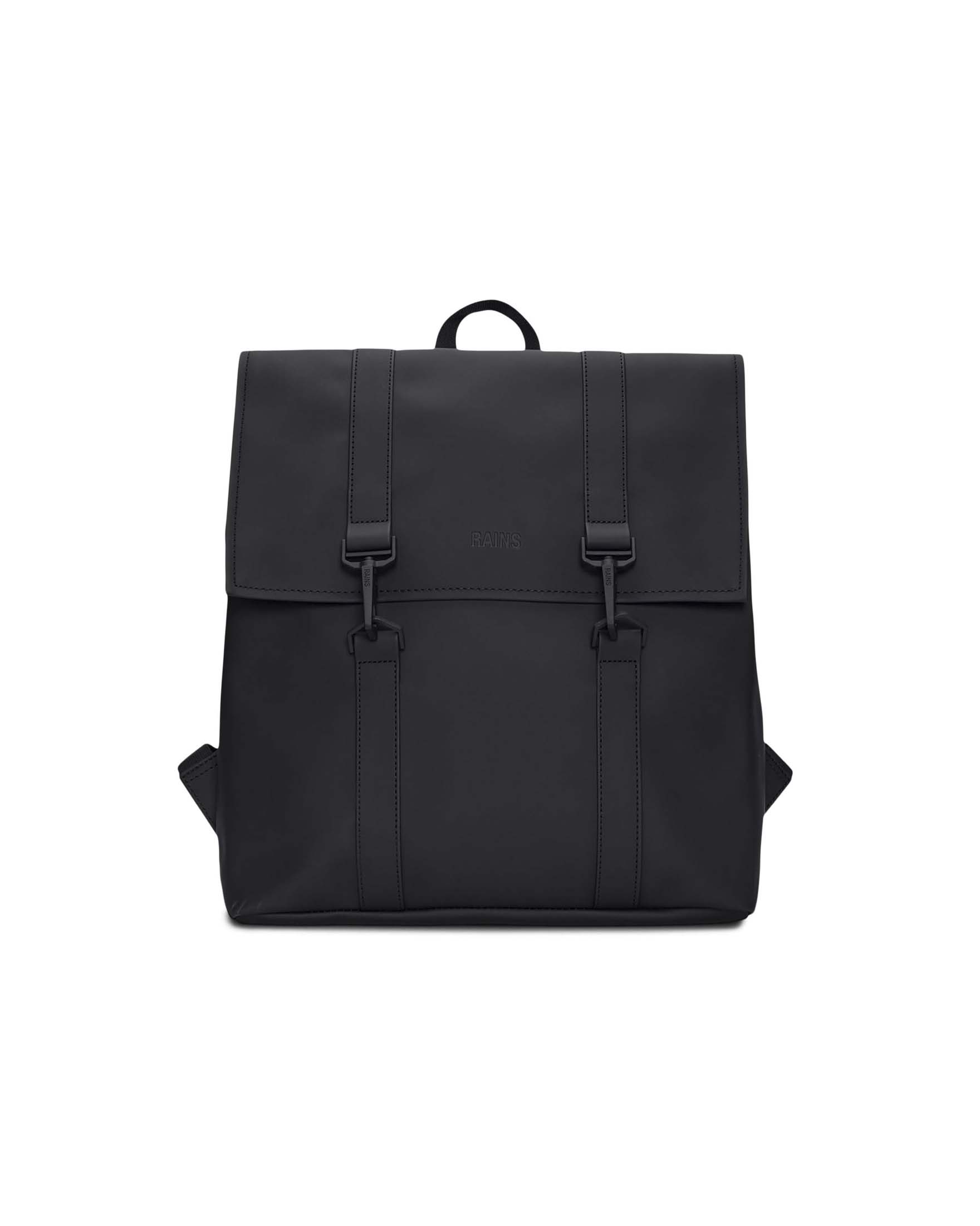 Zaino Msn Bag Mini nero Rains in tessuto tecnico impermeabile effetto gommato con doppia chiusura a cartella e moschettoni