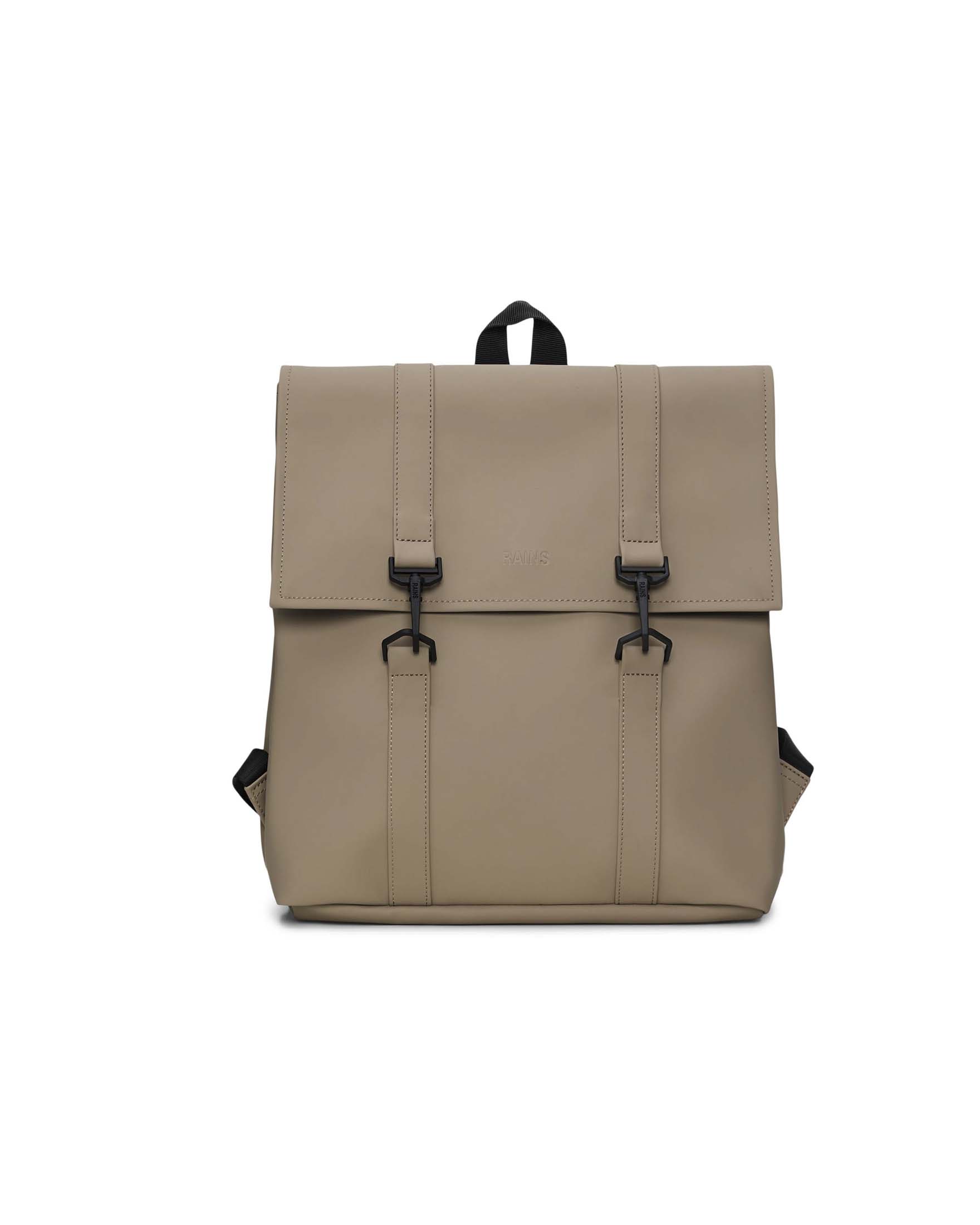 Zaino Msn Bag Mini beige in tessuto tecnico impermeabile effetto gommato con doppia chiusura a cartella e moschettoni