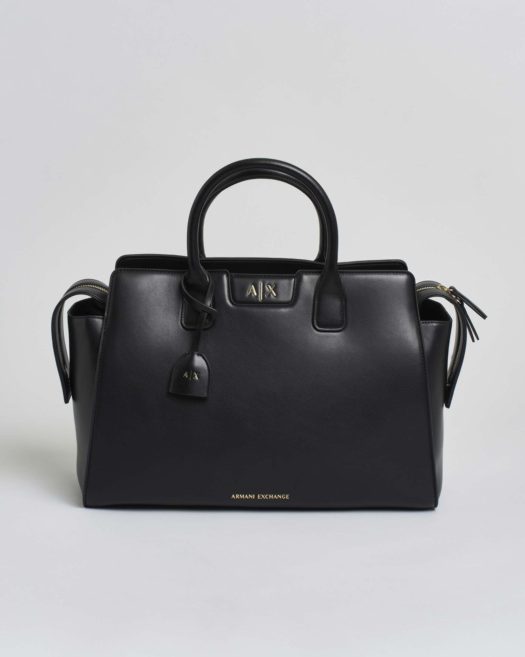 Borsa a mano Armani Exchange Top Handles nera in similpelle con manici e tracolla removibile