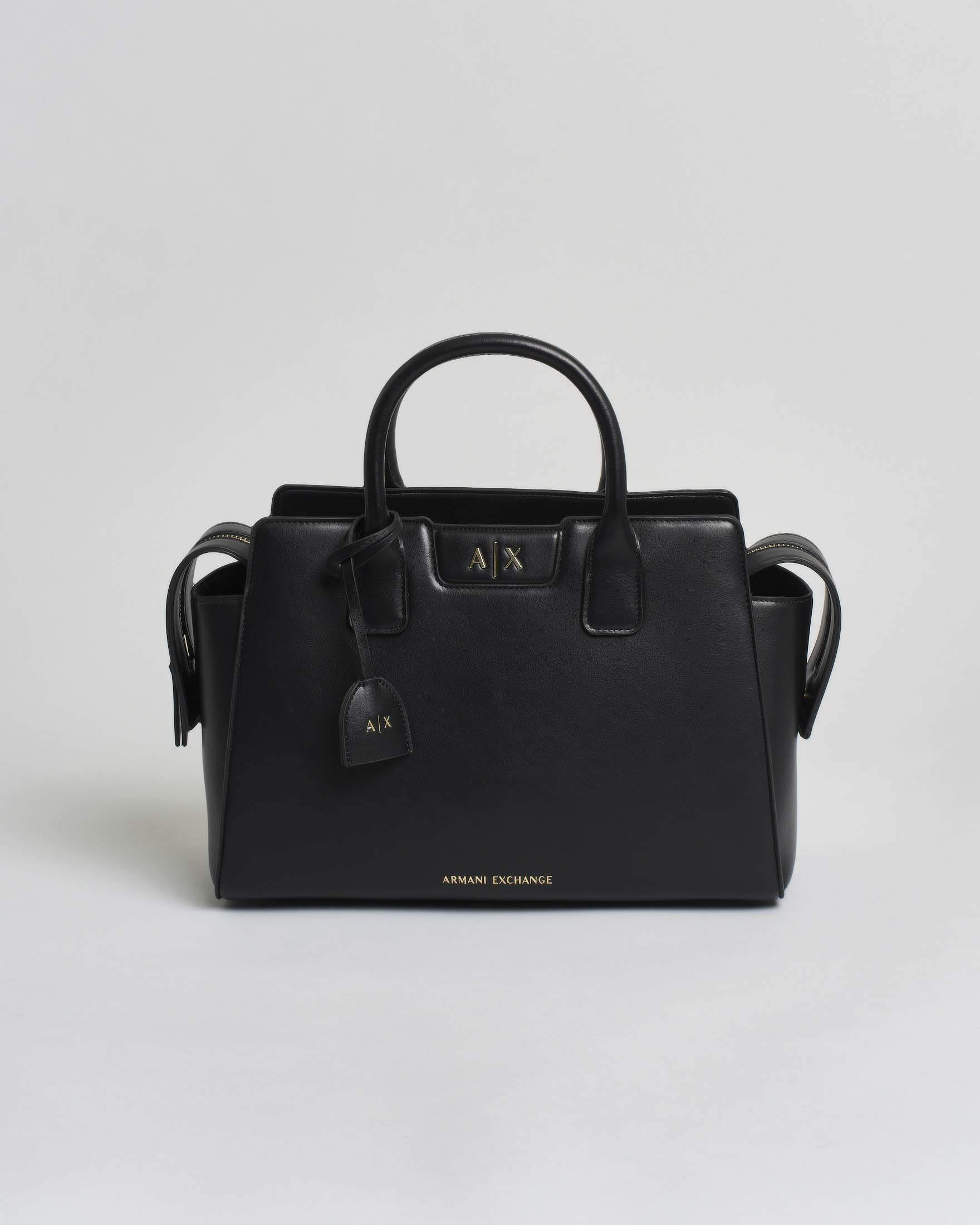 Borsa a mano Armani Exchange Top Handles media nera in similpelle con manici e tracolla removibile