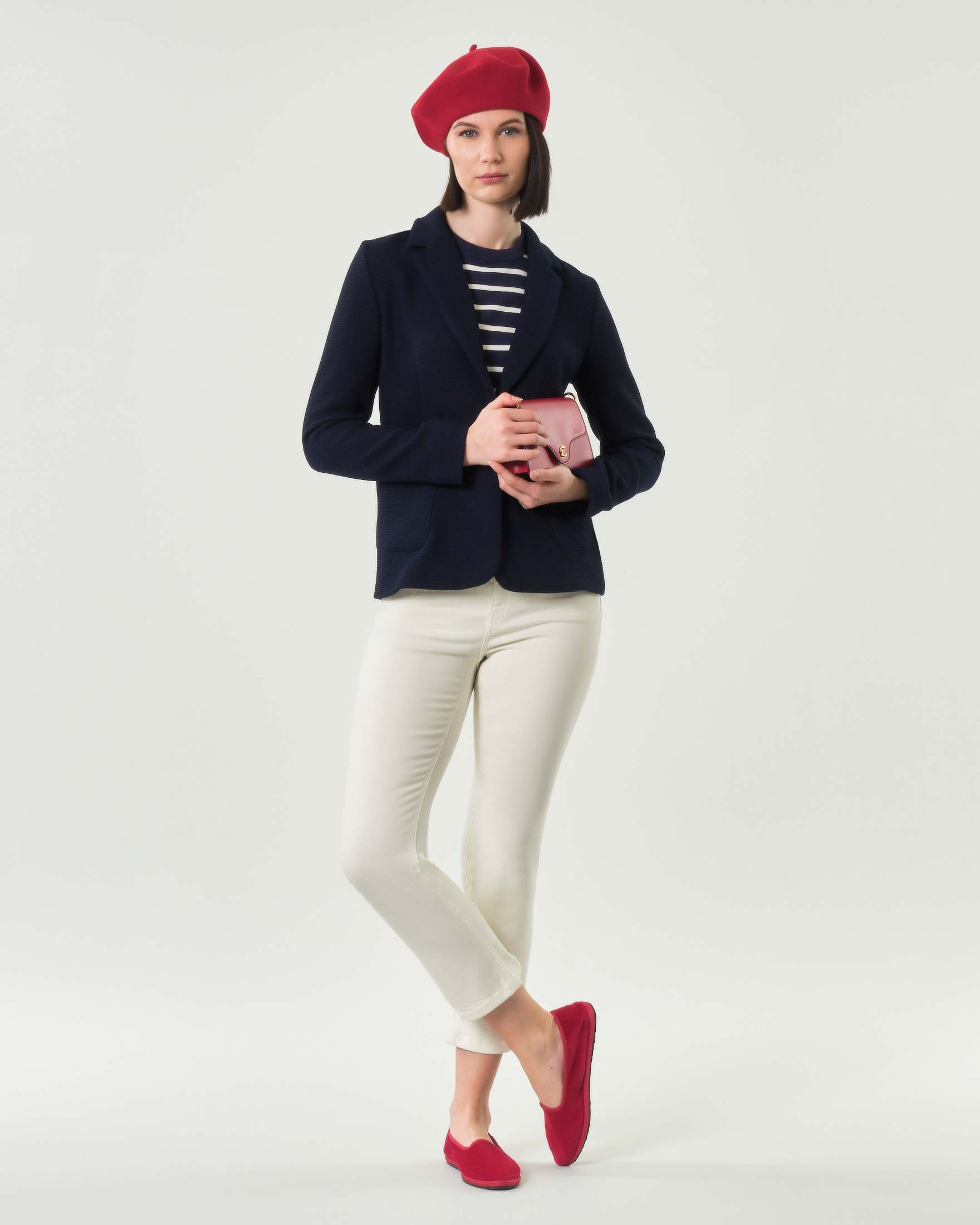 Blazer aderente monopetto blu in stuoia con tasche a toppa
