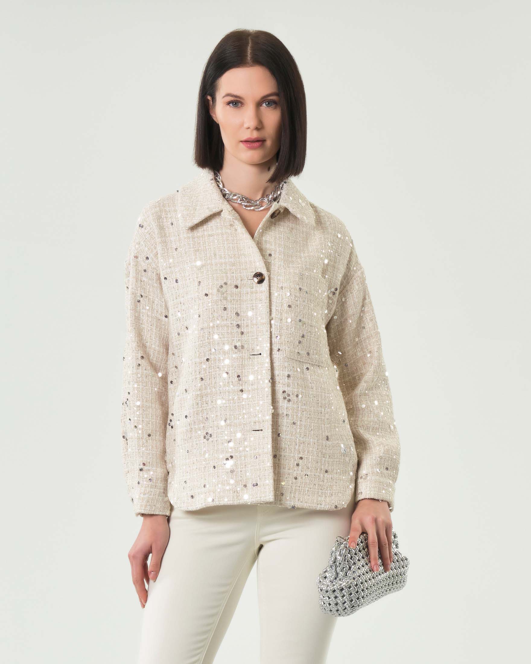 Giacca color avorio in stuoio Emme Marella con paillettes applicate e taschino a toppa