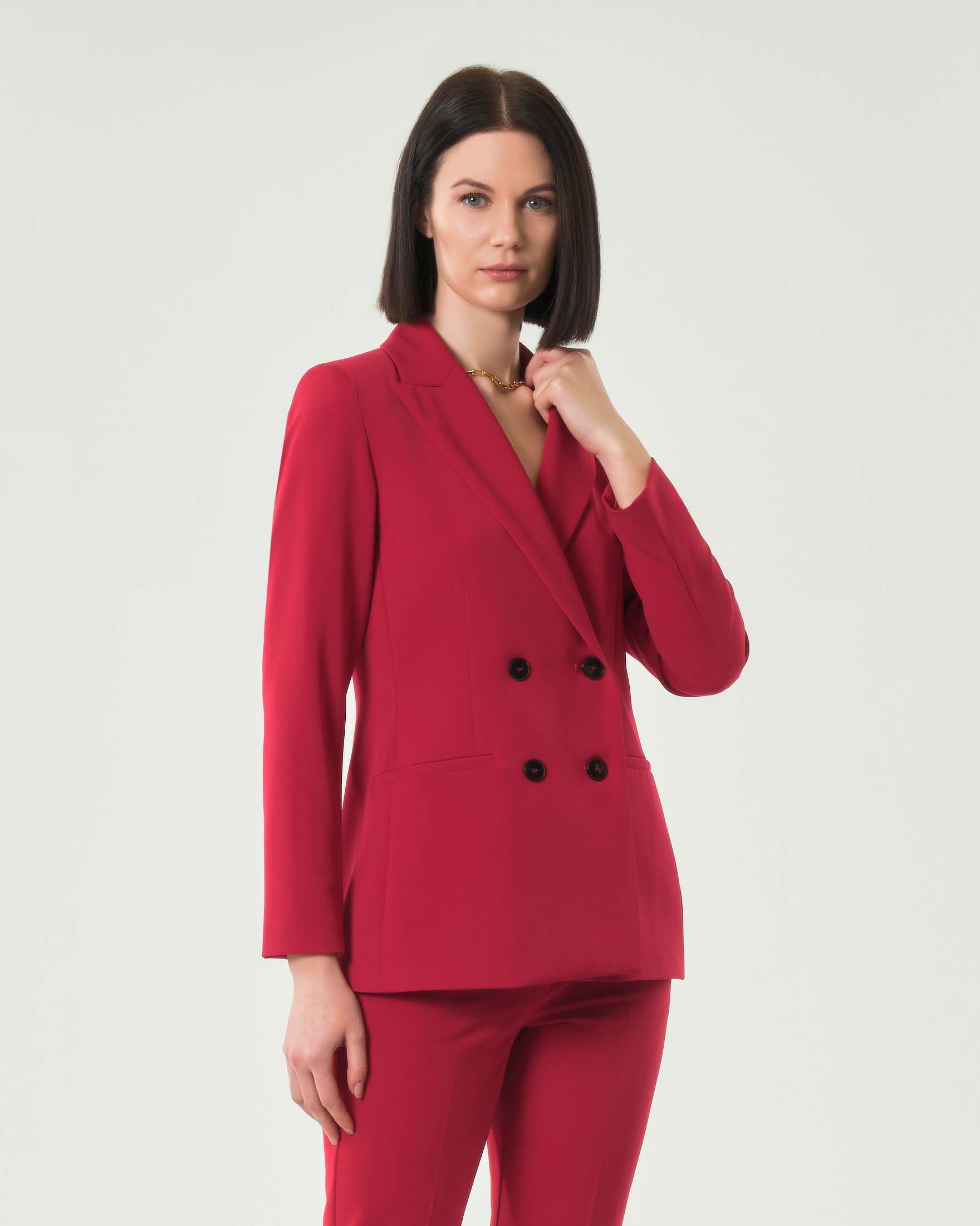 Giacca rossa sfiancata doppiopetto in tessuto stretch con spallina strutturata