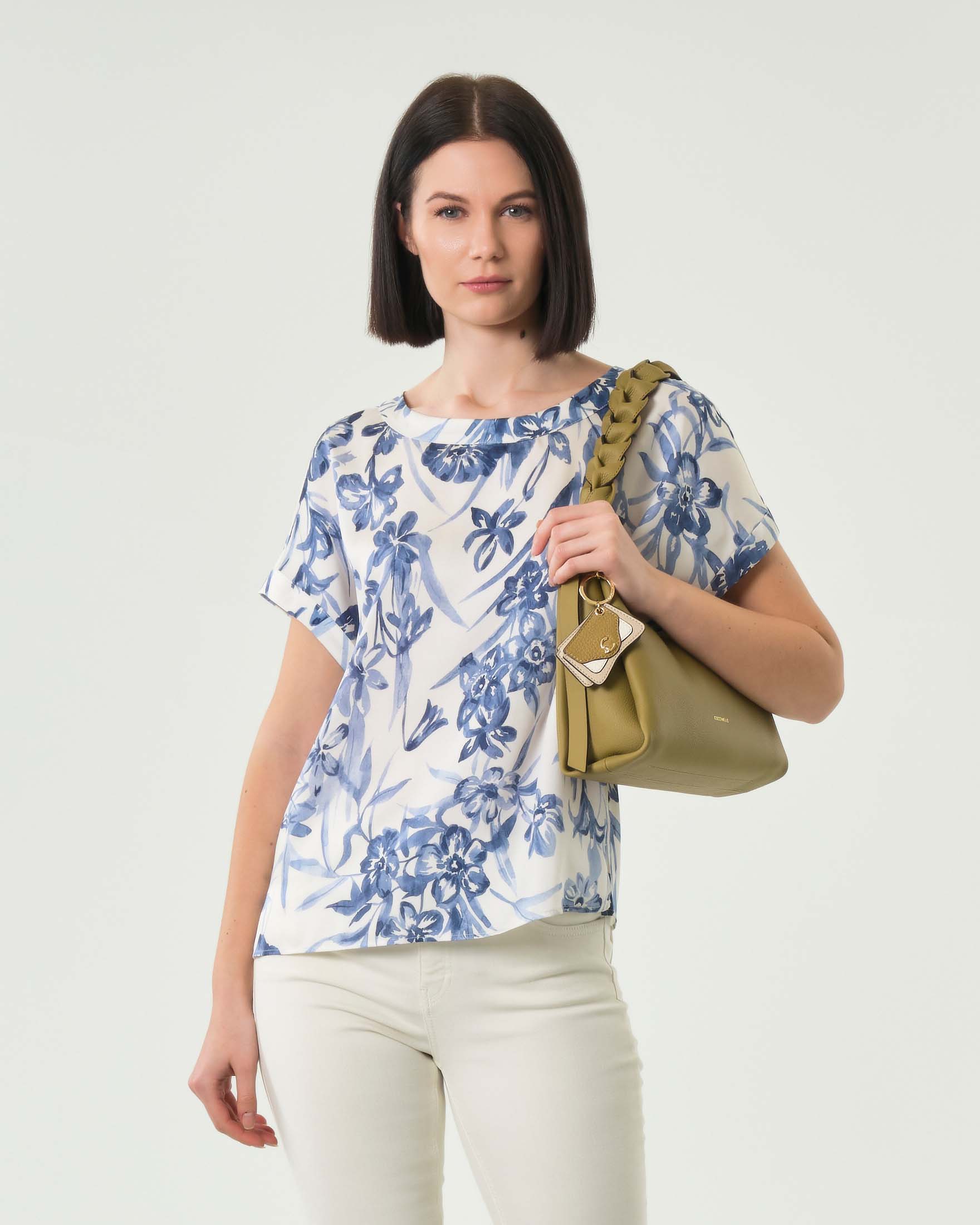 Maglietta da donna con scollo a V, a maniche corte, plissettata, con stampa floreale, camicetta, casual, ampia, elasticizzata, comoda, camicia lunga, S-5XL, top da donna, bianco, S