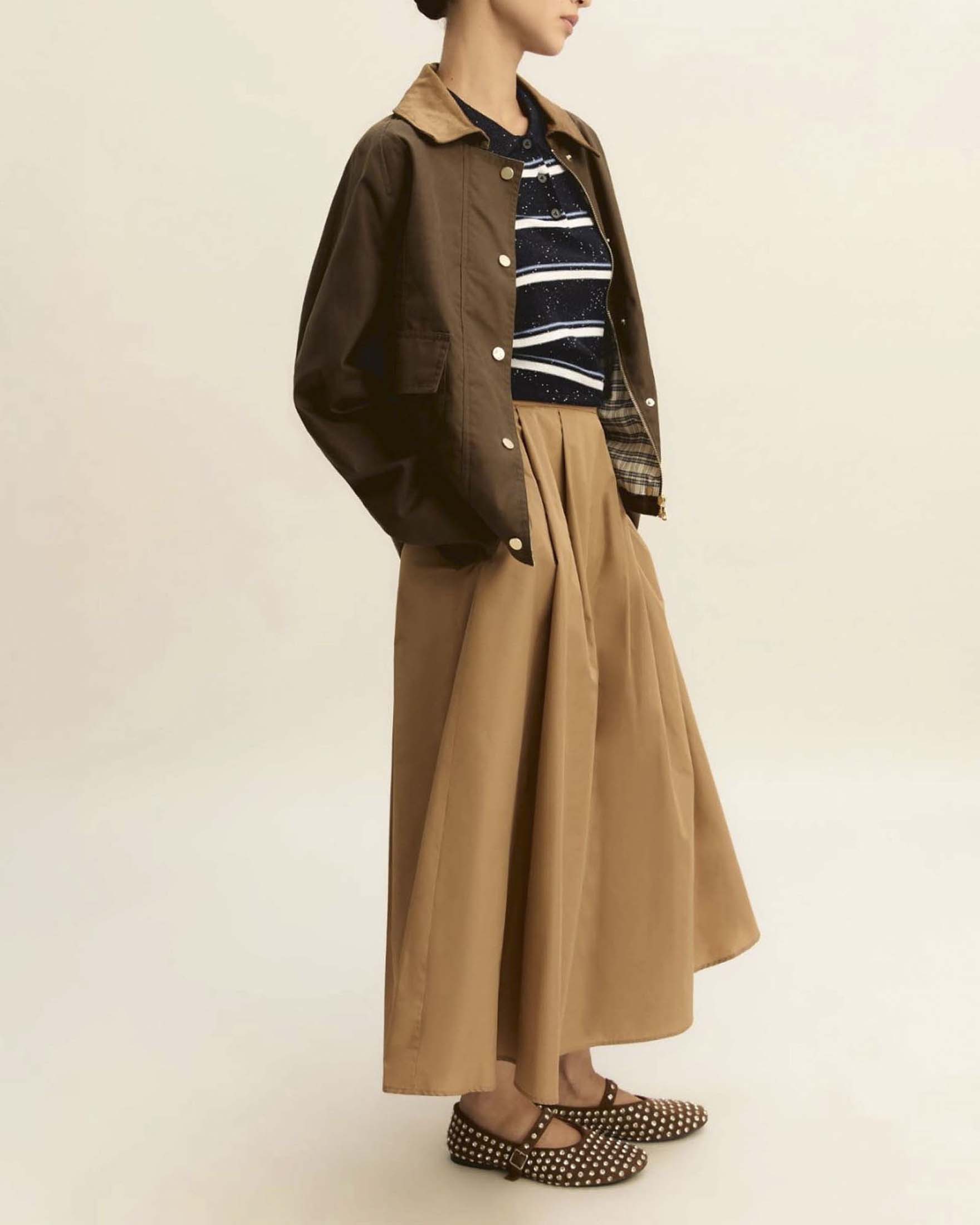 Gonna lunga a pieghe color cammello Emme Marella in taffetà con tasche laterali