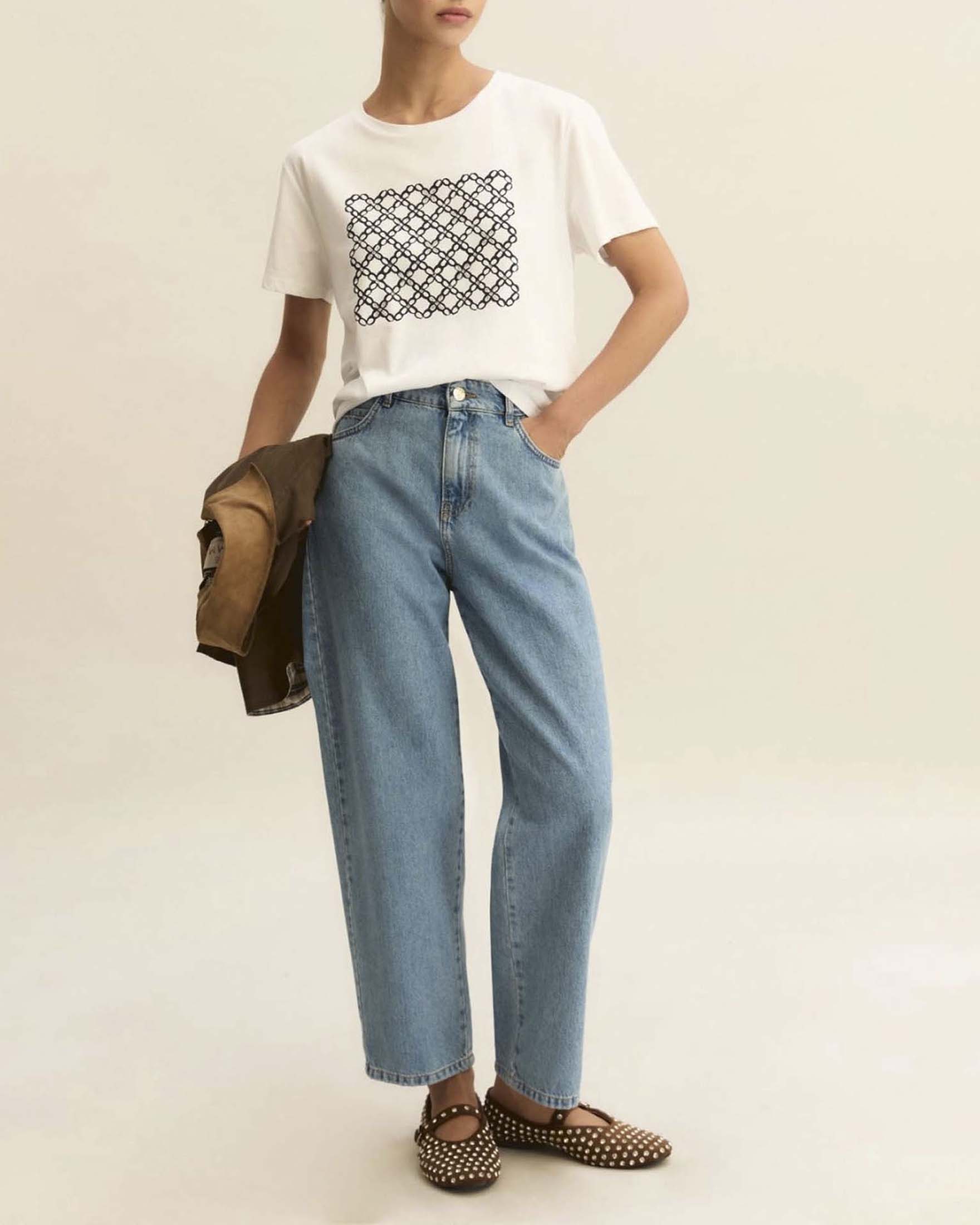T-shirt bianca maniche corte in jersey di cotone con stampa a maiolica blu